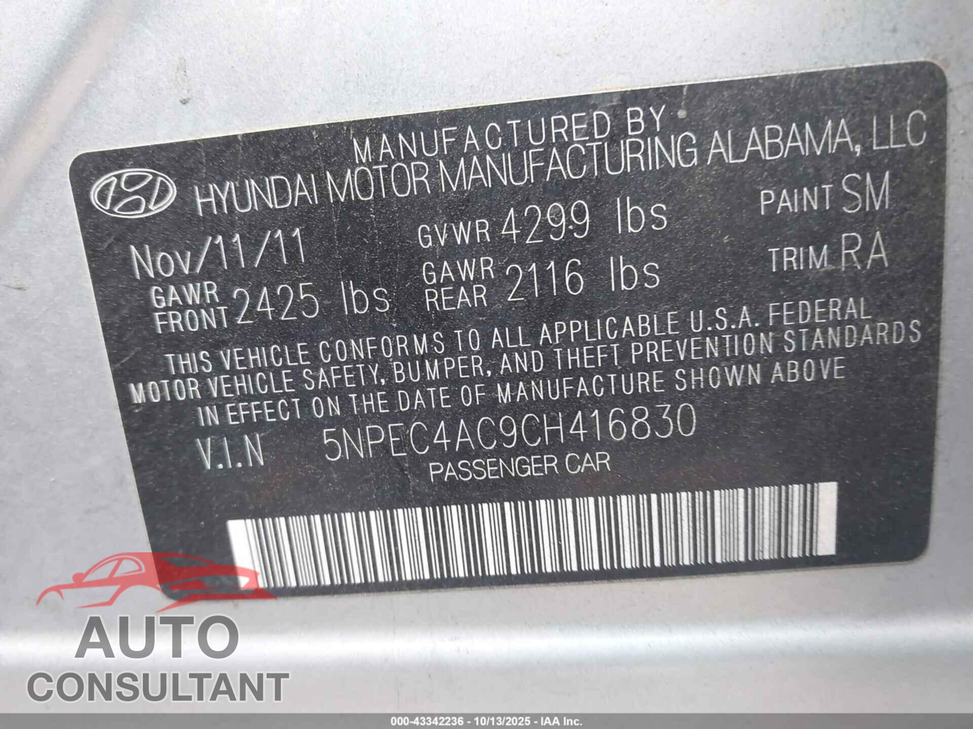 HYUNDAI SONATA 2012 - 5NPEC4AC9CH416830