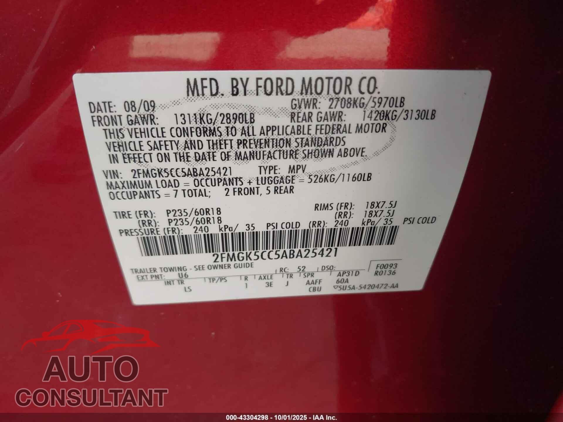 FORD FLEX 2010 - 2FMGK5CC5ABA25421