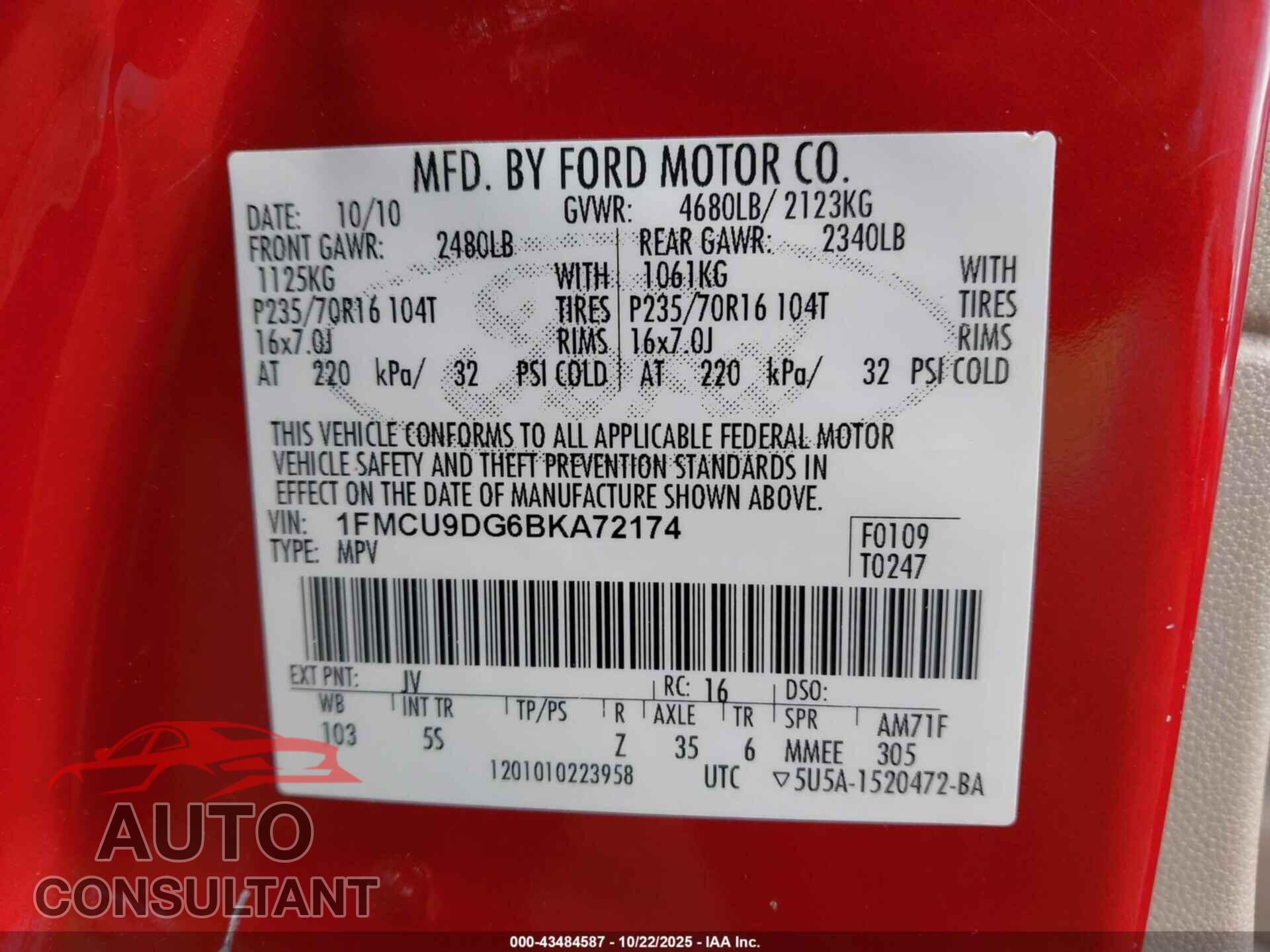 FORD ESCAPE 2011 - 1FMCU9DG6BKA72174