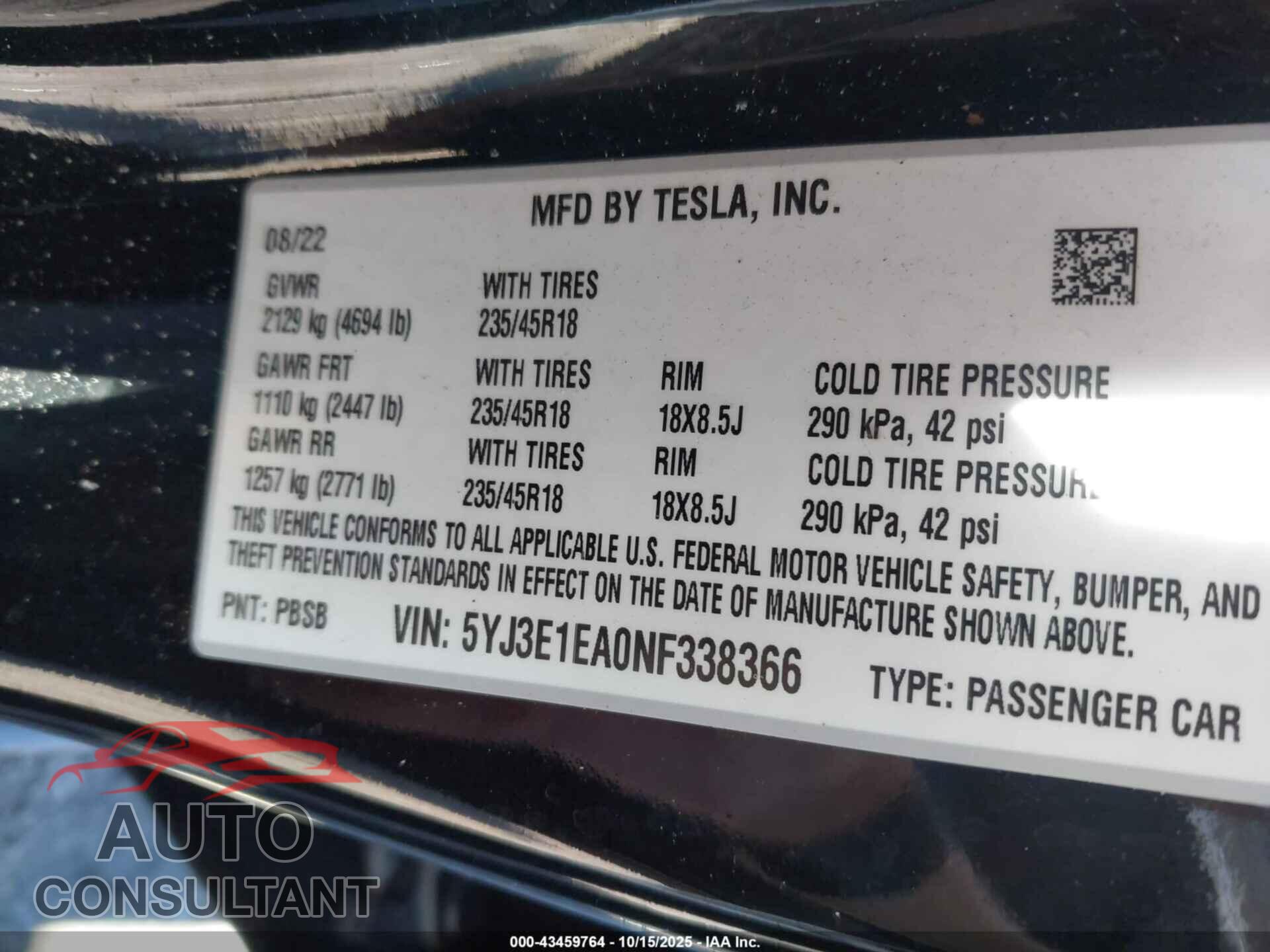 TESLA MODEL 3 2022 - 5YJ3E1EA0NF338366