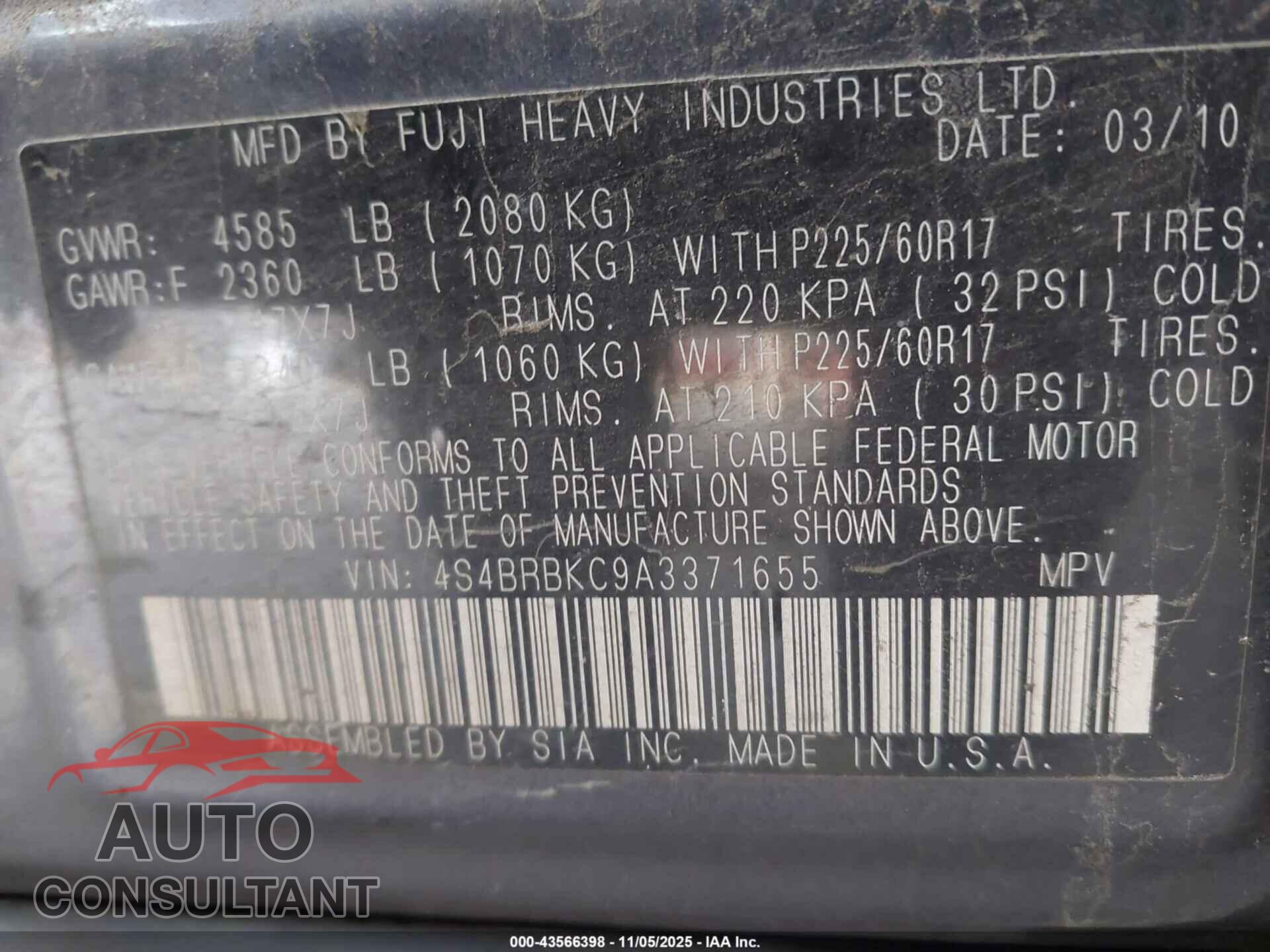 SUBARU OUTBACK 2010 - 4S4BRBKC9A3371655