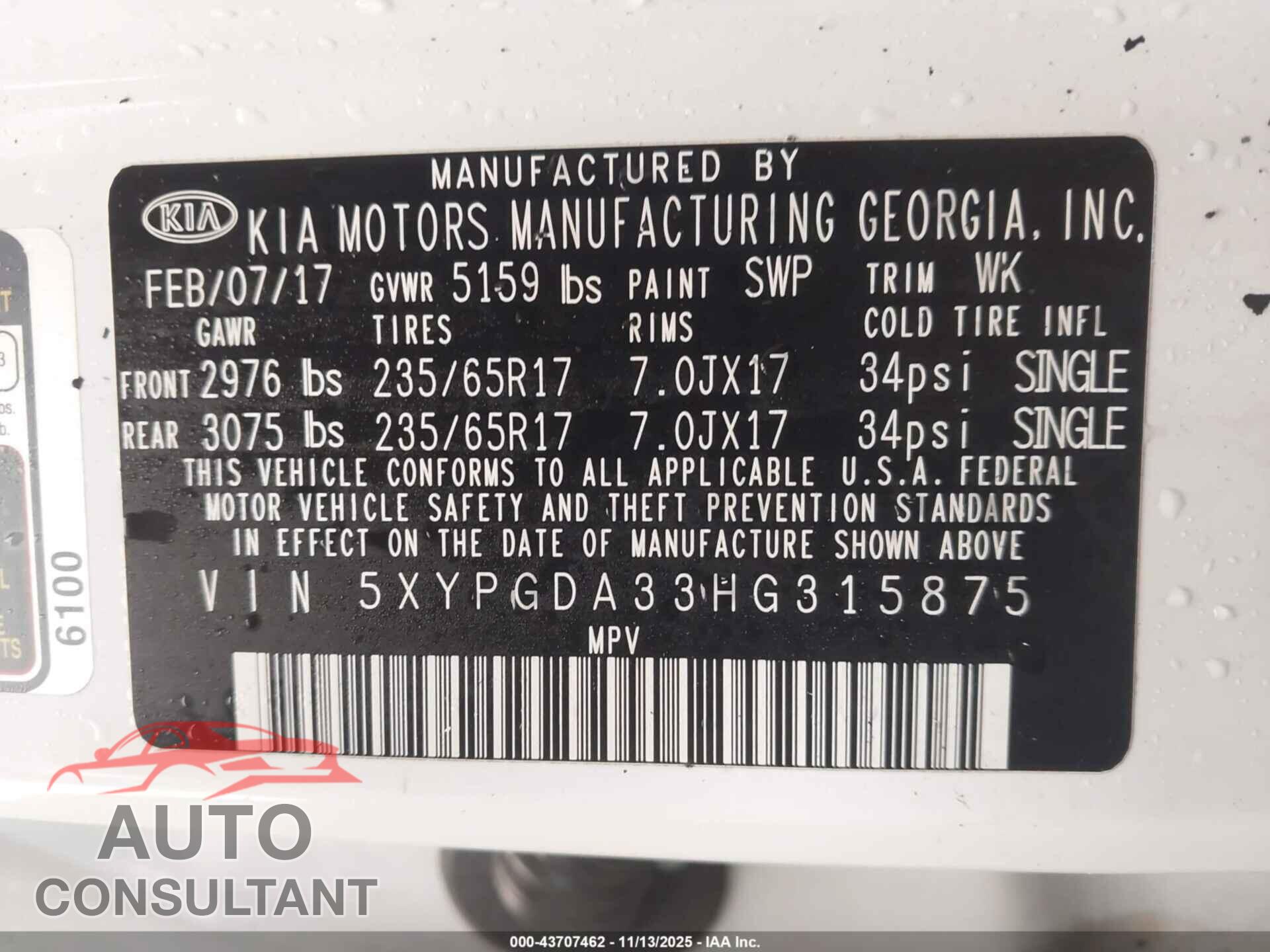 KIA SORENTO 2017 - 5XYPGDA33HG315875