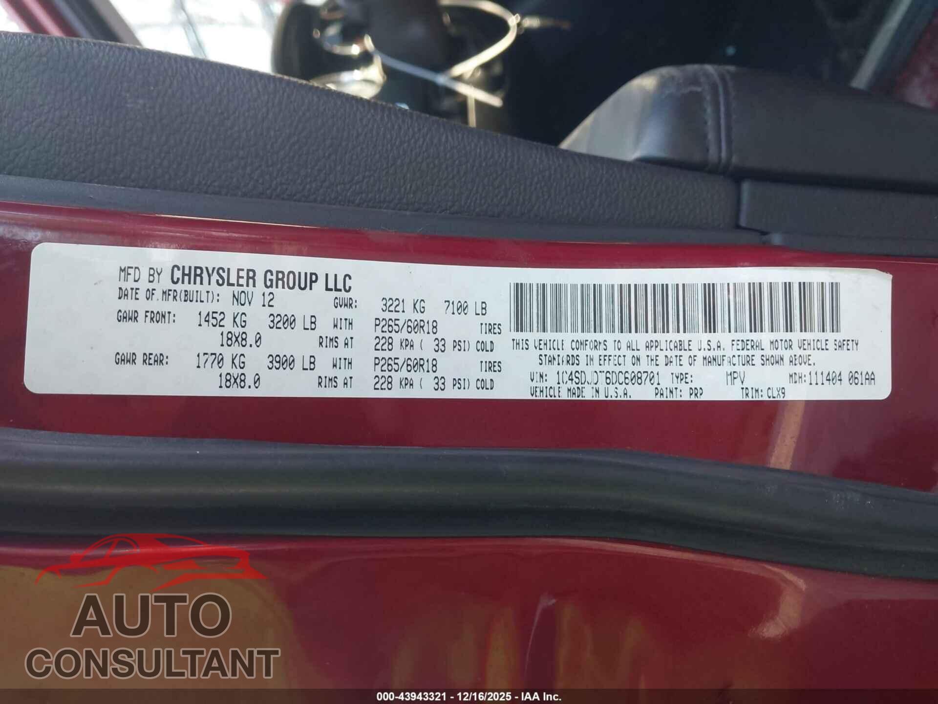 DODGE DURANGO 2013 - 1C4SDJDT6DC608701