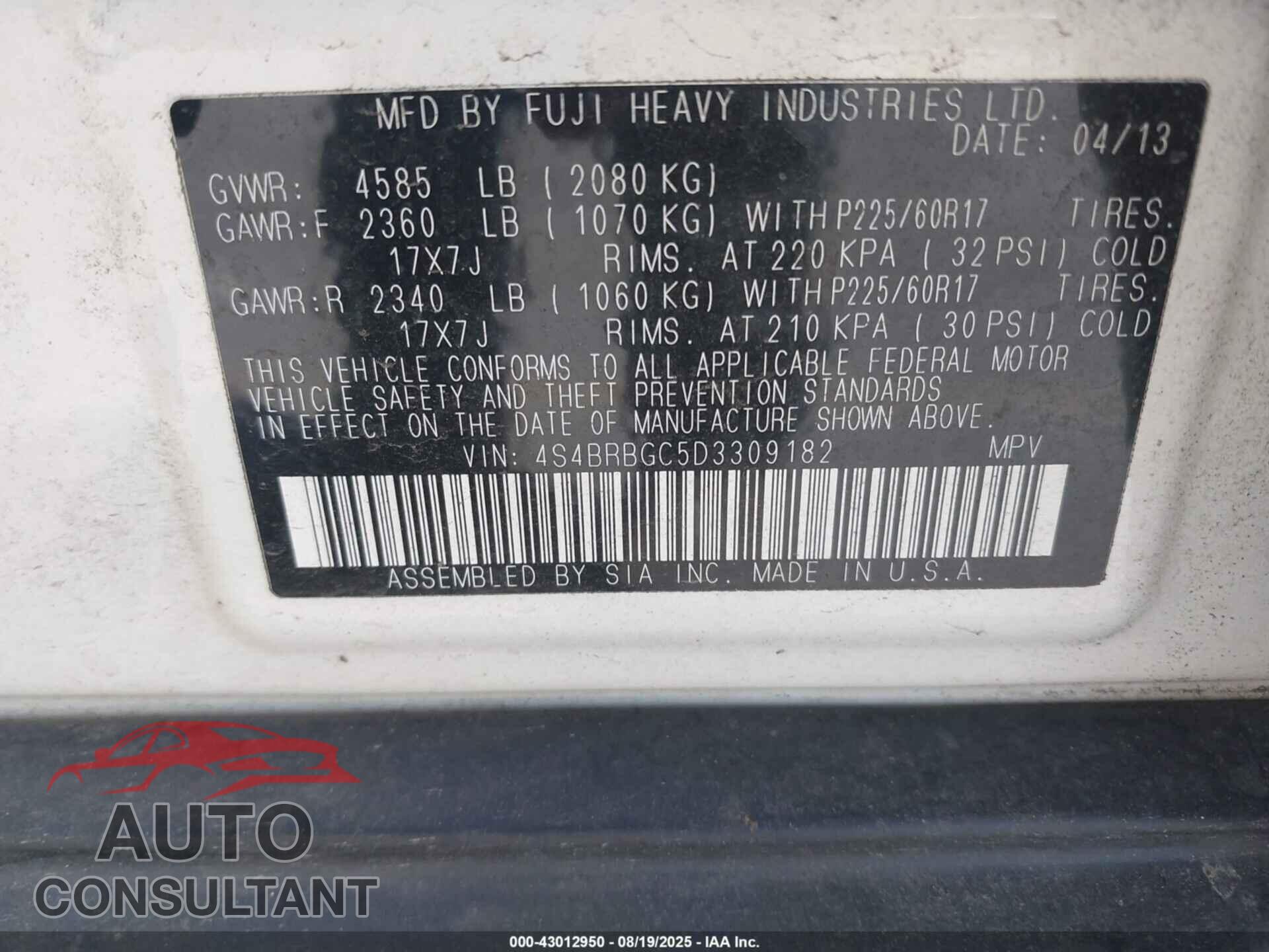 SUBARU OUTBACK 2013 - 4S4BRBGC5D3309182