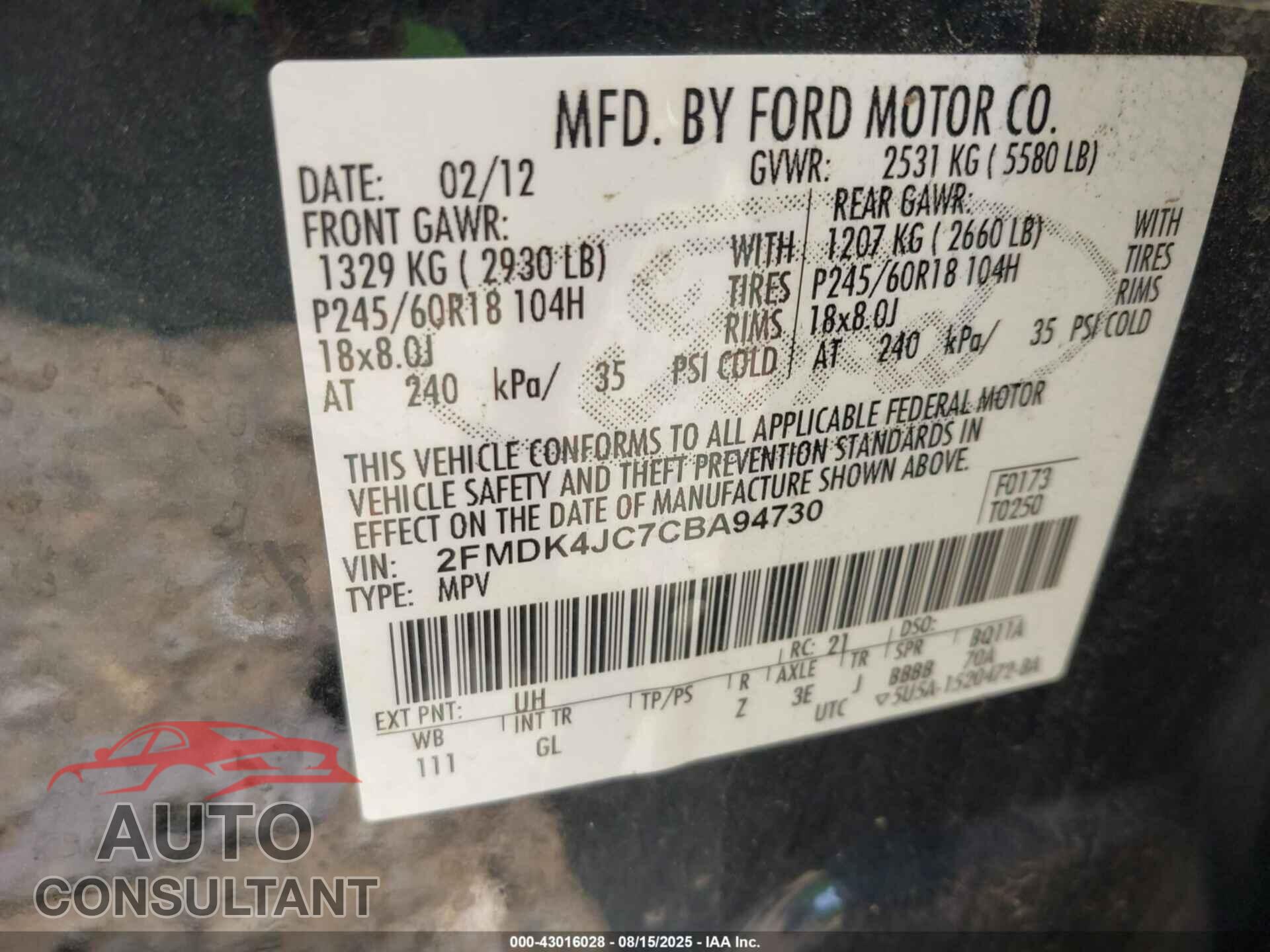 FORD EDGE 2012 - 2FMDK4JC7CBA94730