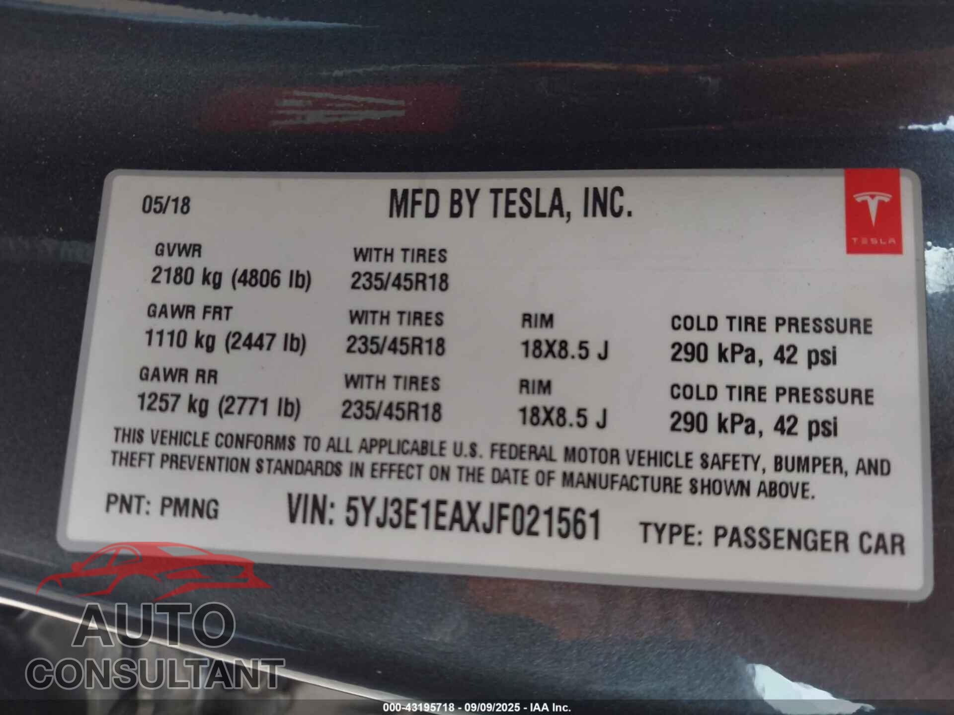 TESLA MODEL 3 2018 - 5YJ3E1EAXJF021561