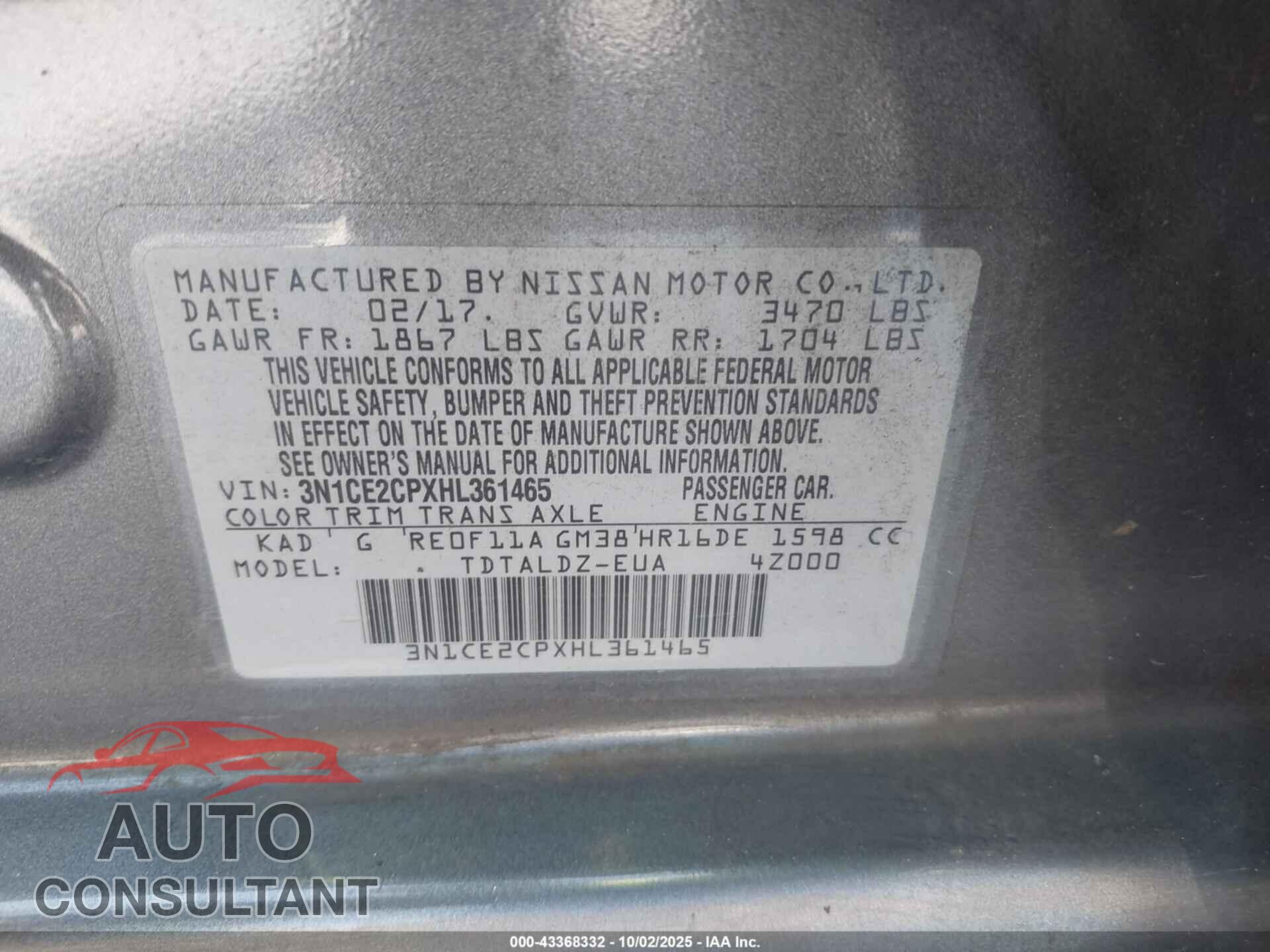 NISSAN VERSA NOTE 2017 - 3N1CE2CPXHL361465