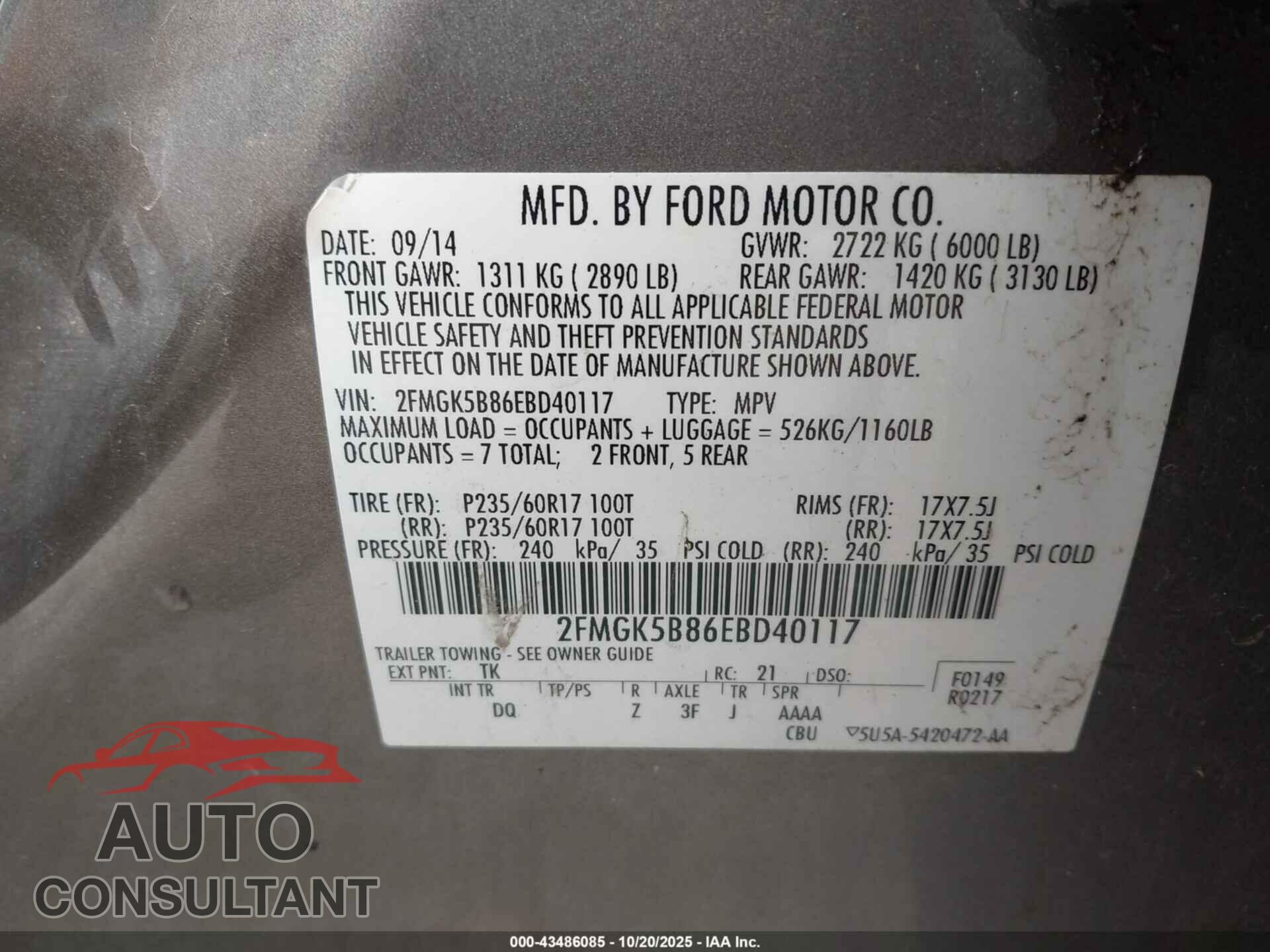 FORD FLEX 2014 - 2FMGK5B86EBD40117