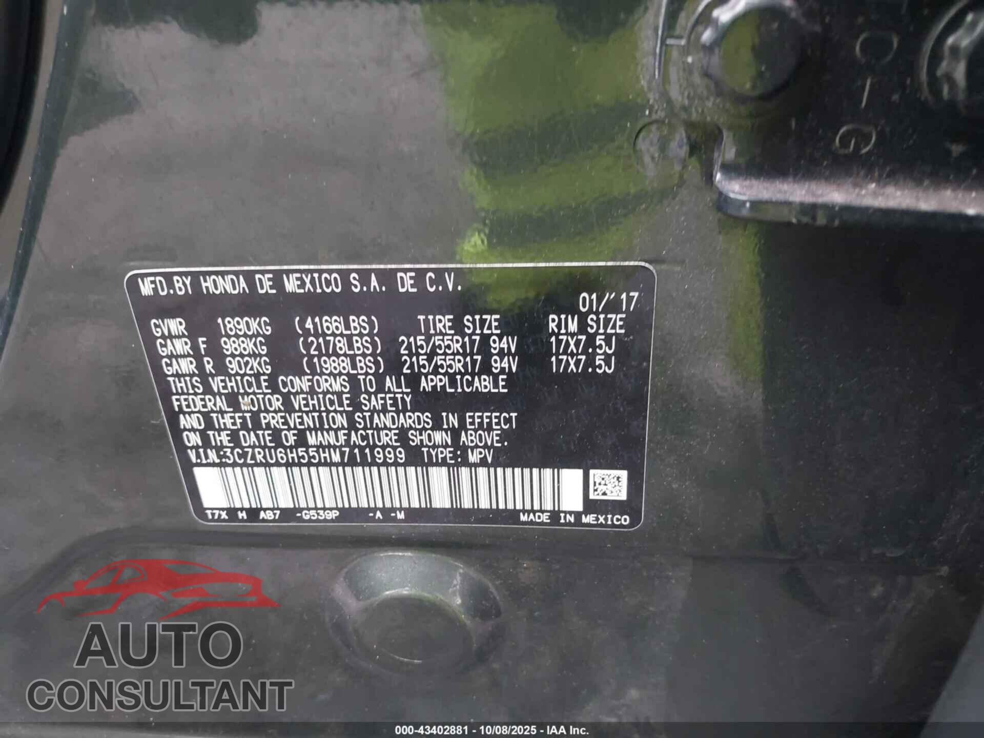 HONDA HR-V 2017 - 3CZRU6H55HM711999