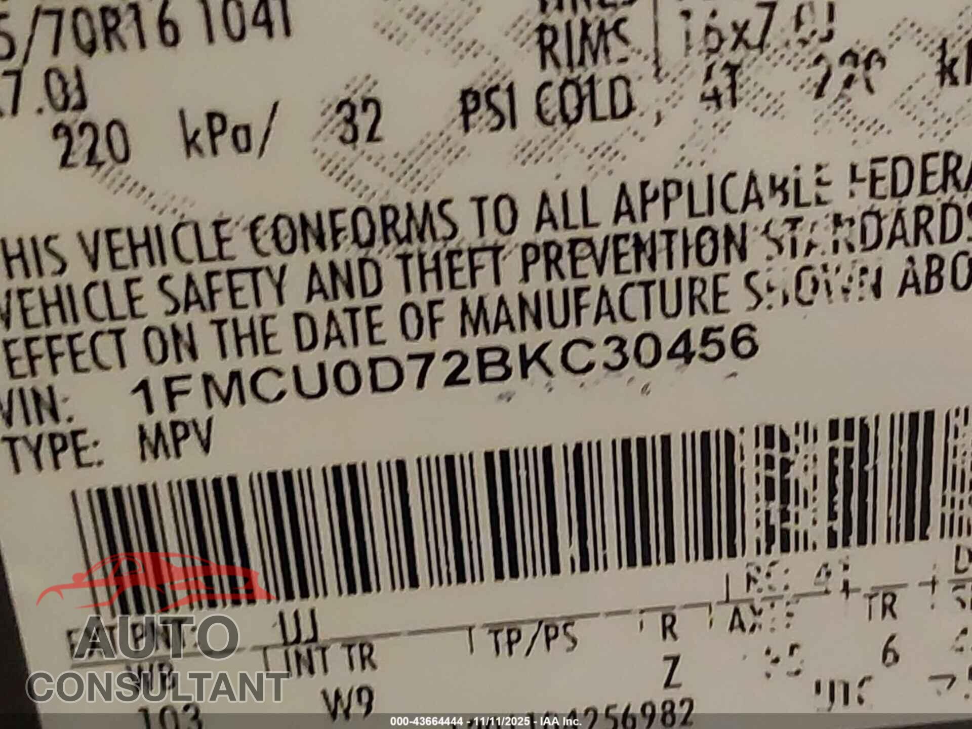 FORD ESCAPE 2011 - 1FMCU0D72BKC30456