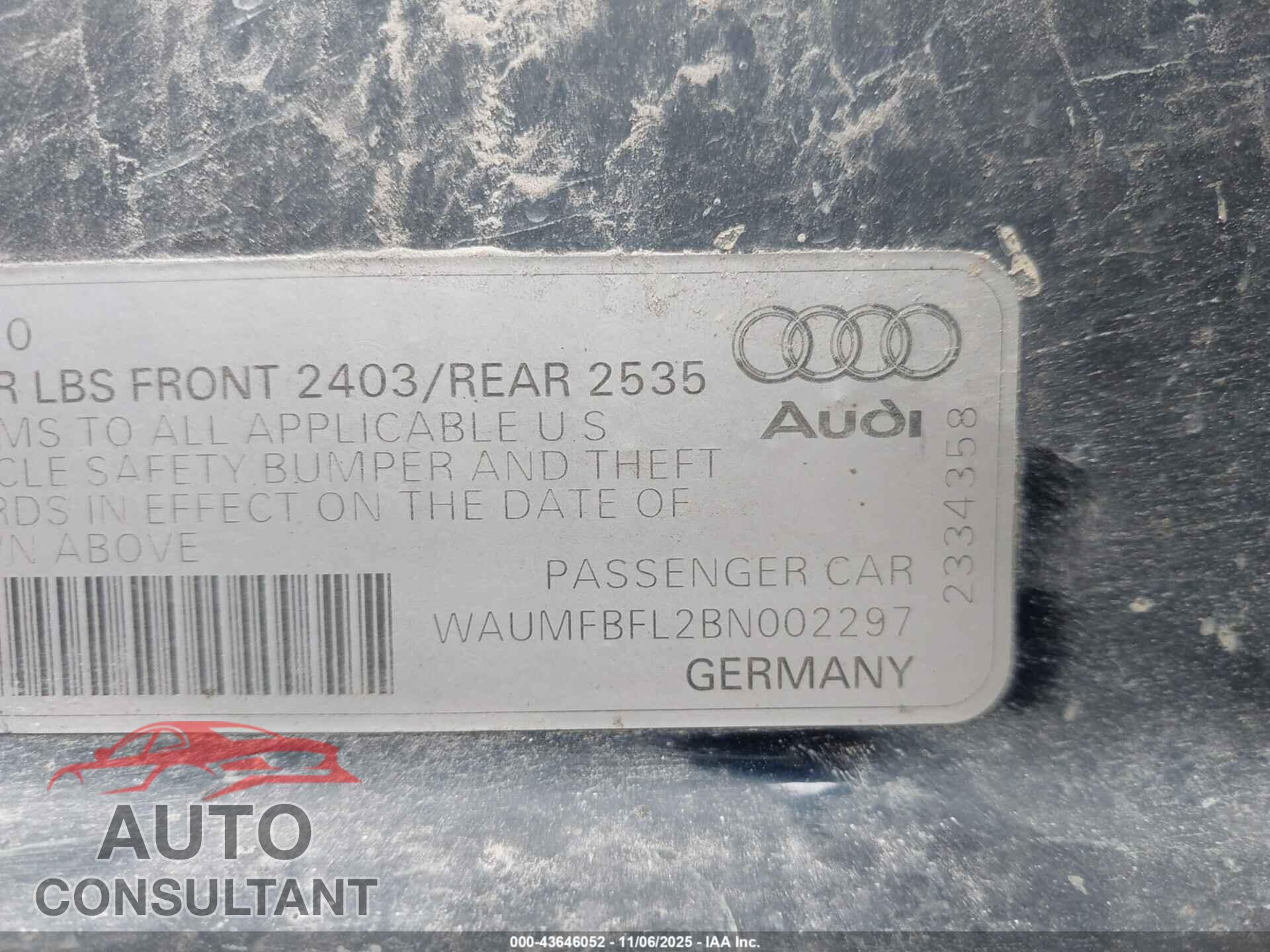 AUDI A4 2011 - WAUMFBFL2BN002297