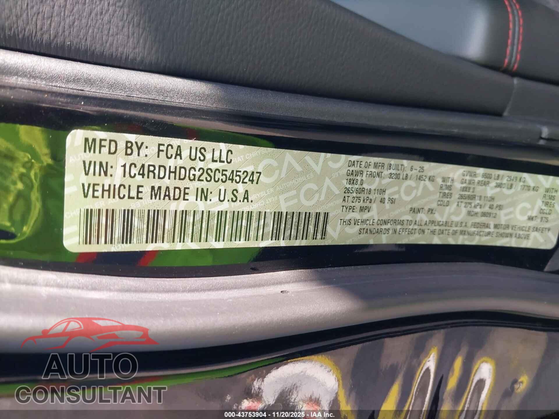 DODGE DURANGO 2025 - 1C4RDHDG2SC545247