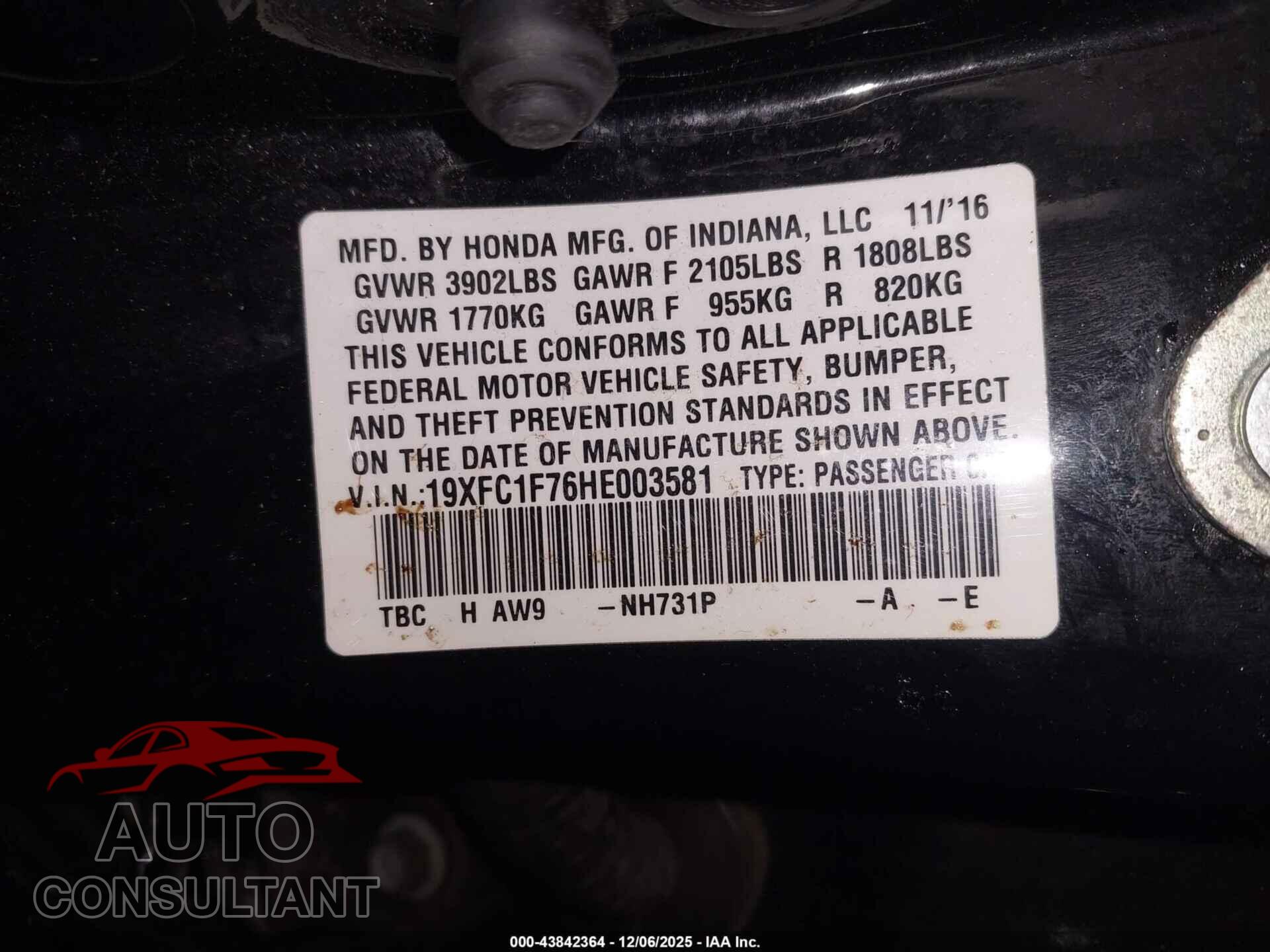 HONDA CIVIC 2017 - 19XFC1F76HE003581