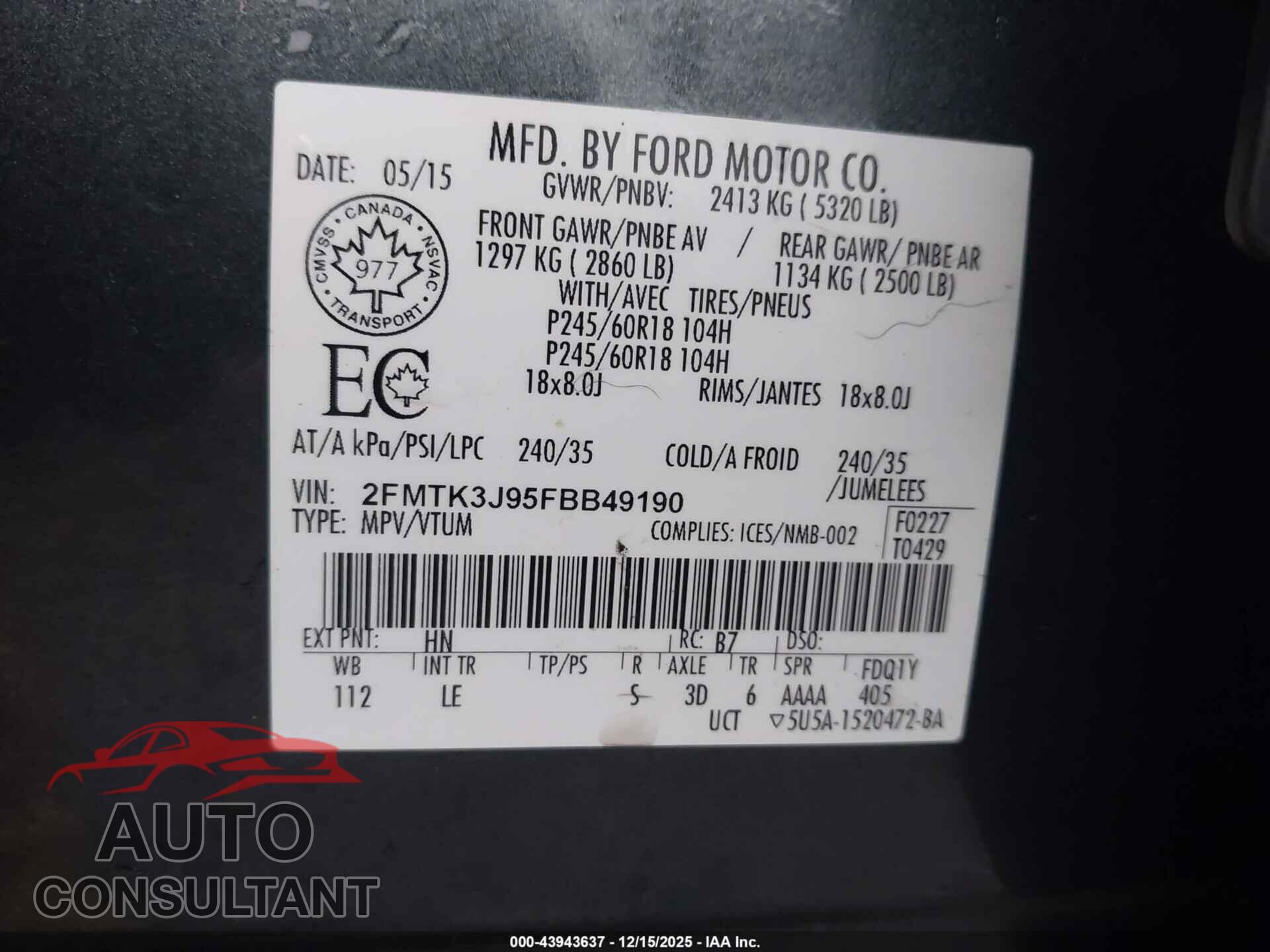 FORD EDGE 2015 - 2FMTK3J95FBB49190