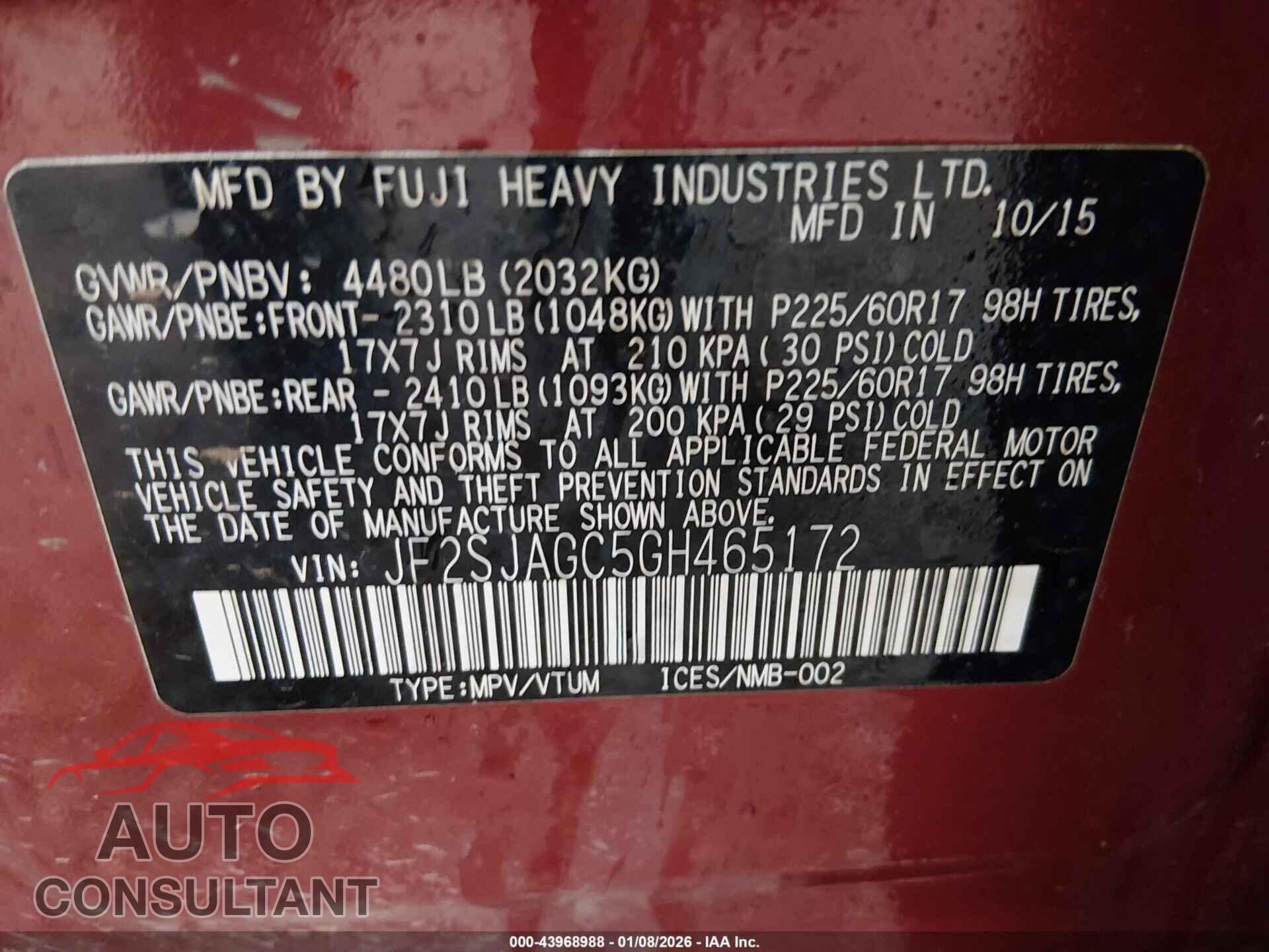 SUBARU FORESTER 2016 - JF2SJAGC5GH465172