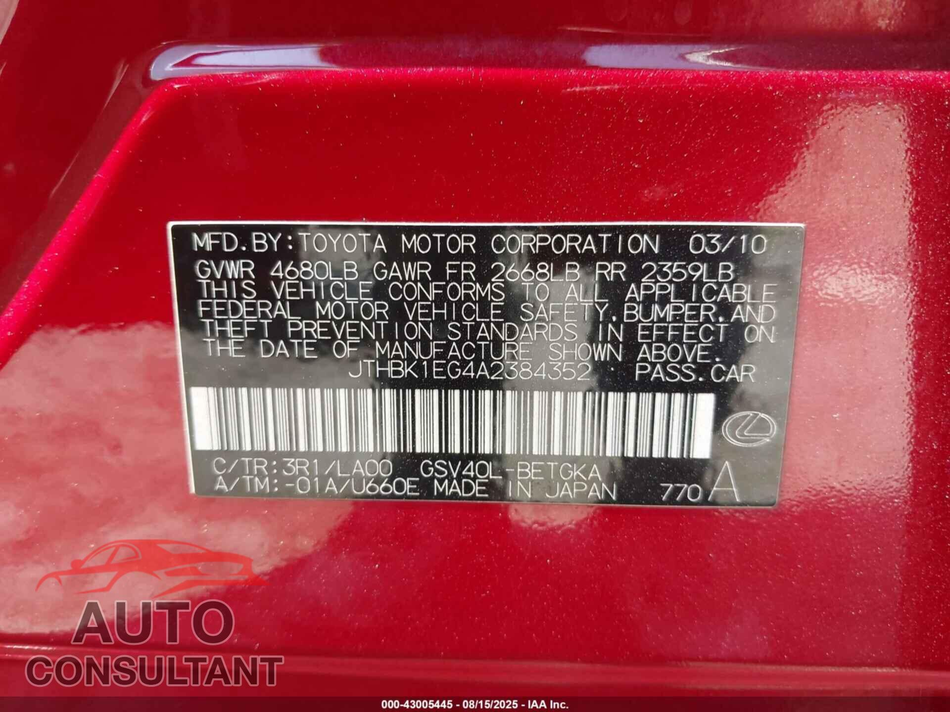 LEXUS ES 350 2010 - JTHBK1EG4A2384352