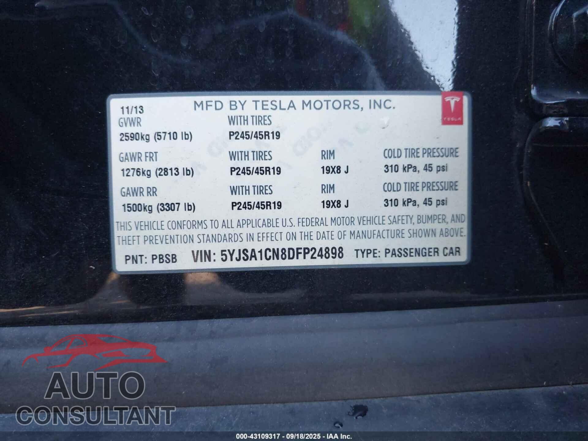 TESLA MODEL S 2013 - 5YJSA1CN8DFP24898