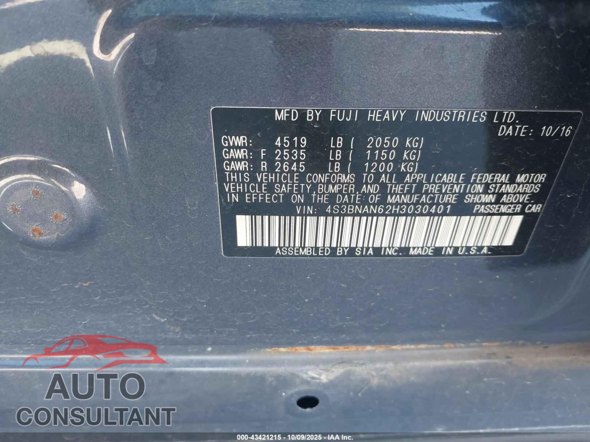 SUBARU LEGACY 2017 - 4S3BNAN62H3030401