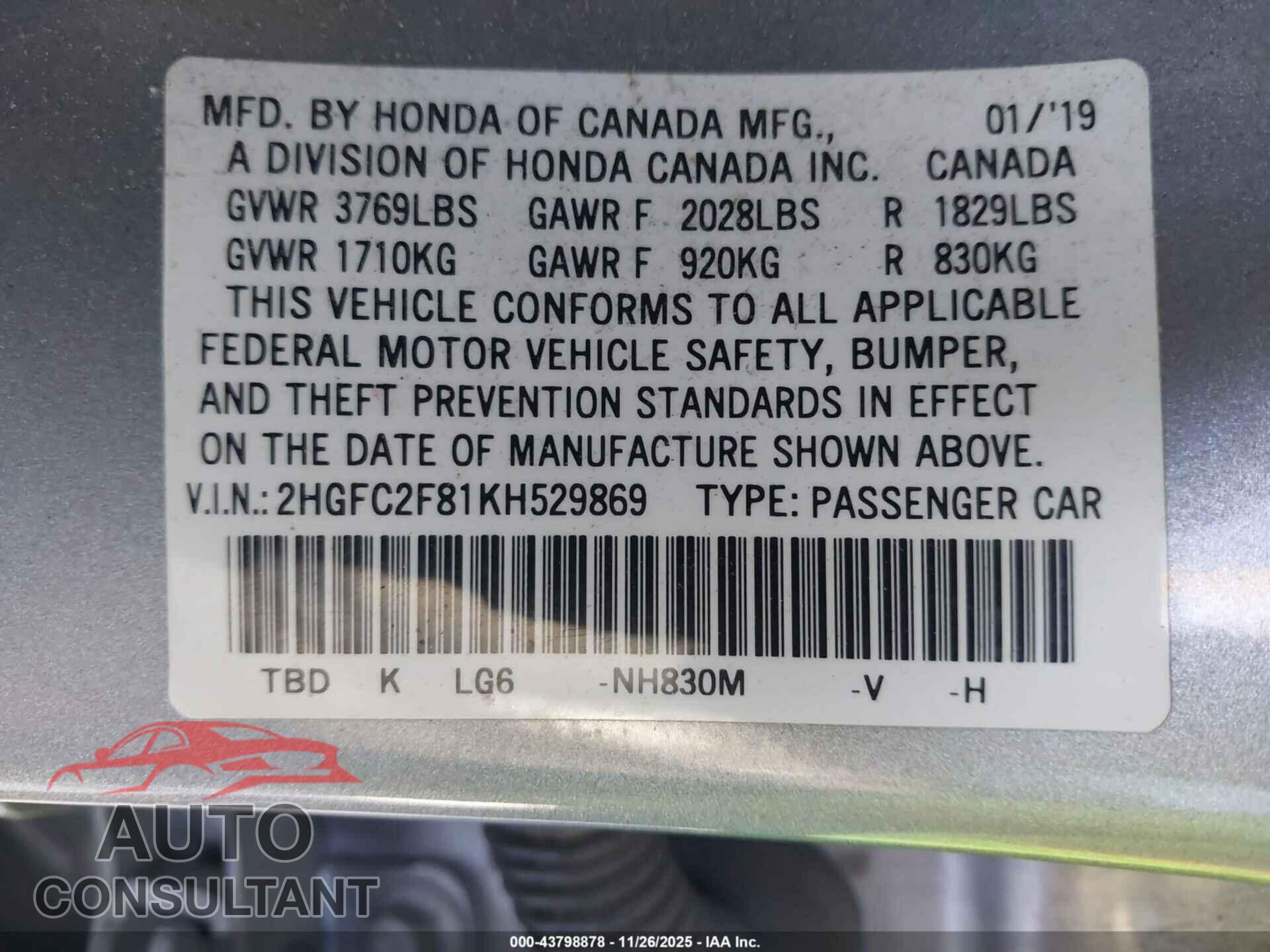 HONDA CIVIC 2019 - 2HGFC2F81KH529869