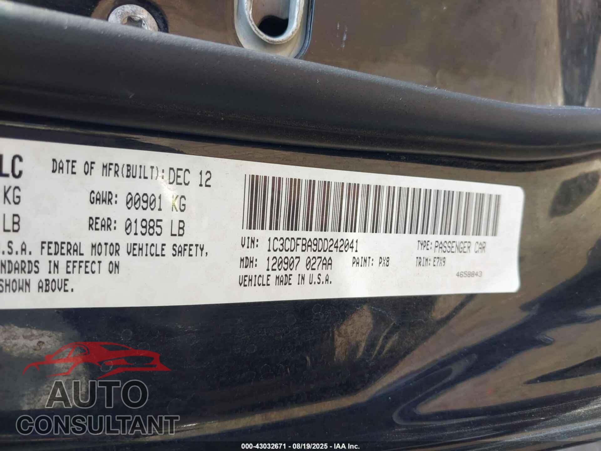 DODGE DART 2013 - 1C3CDFBA9DD242041