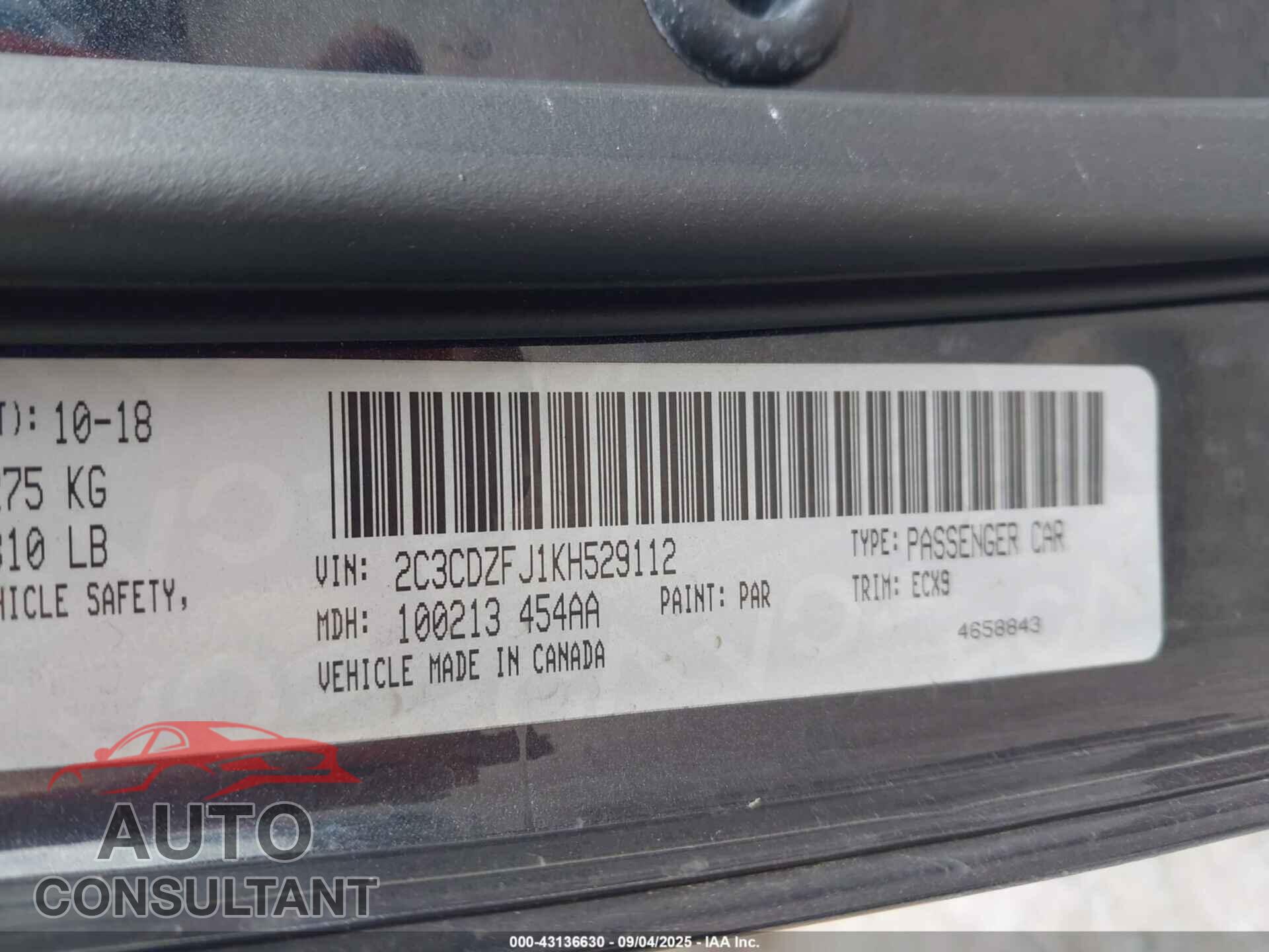 DODGE CHALLENGER 2019 - 2C3CDZFJ1KH529112