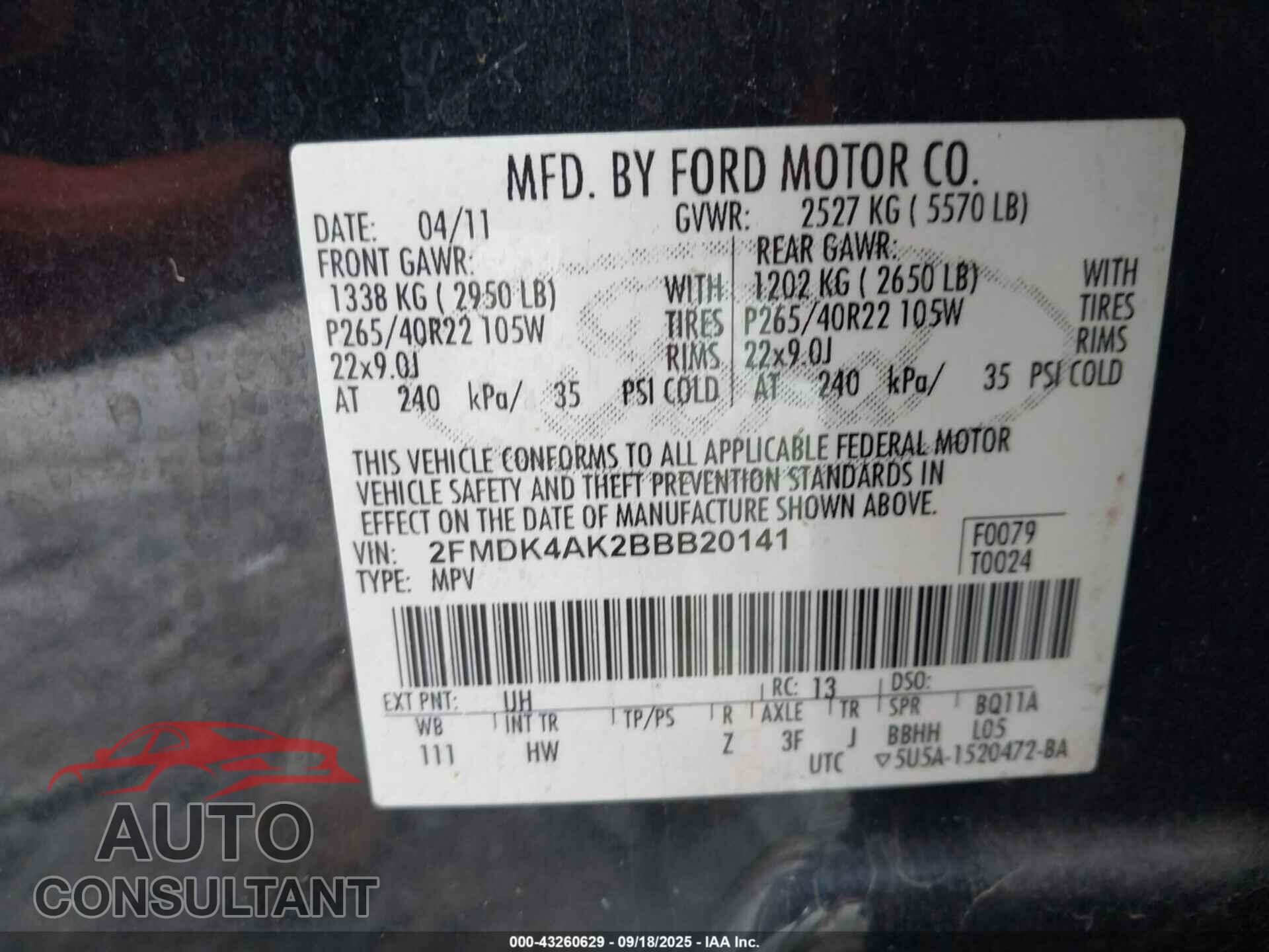 FORD EDGE 2011 - 2FMDK4AK2BBB20141