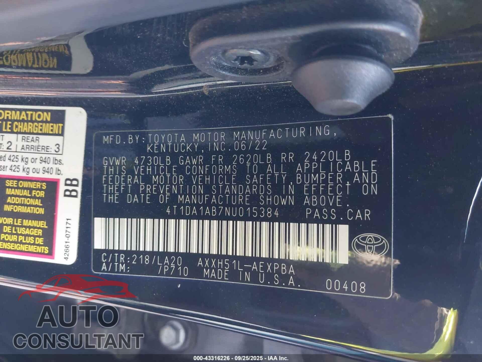 TOYOTA AVALON 2022 - 4T1DA1AB7NU015384