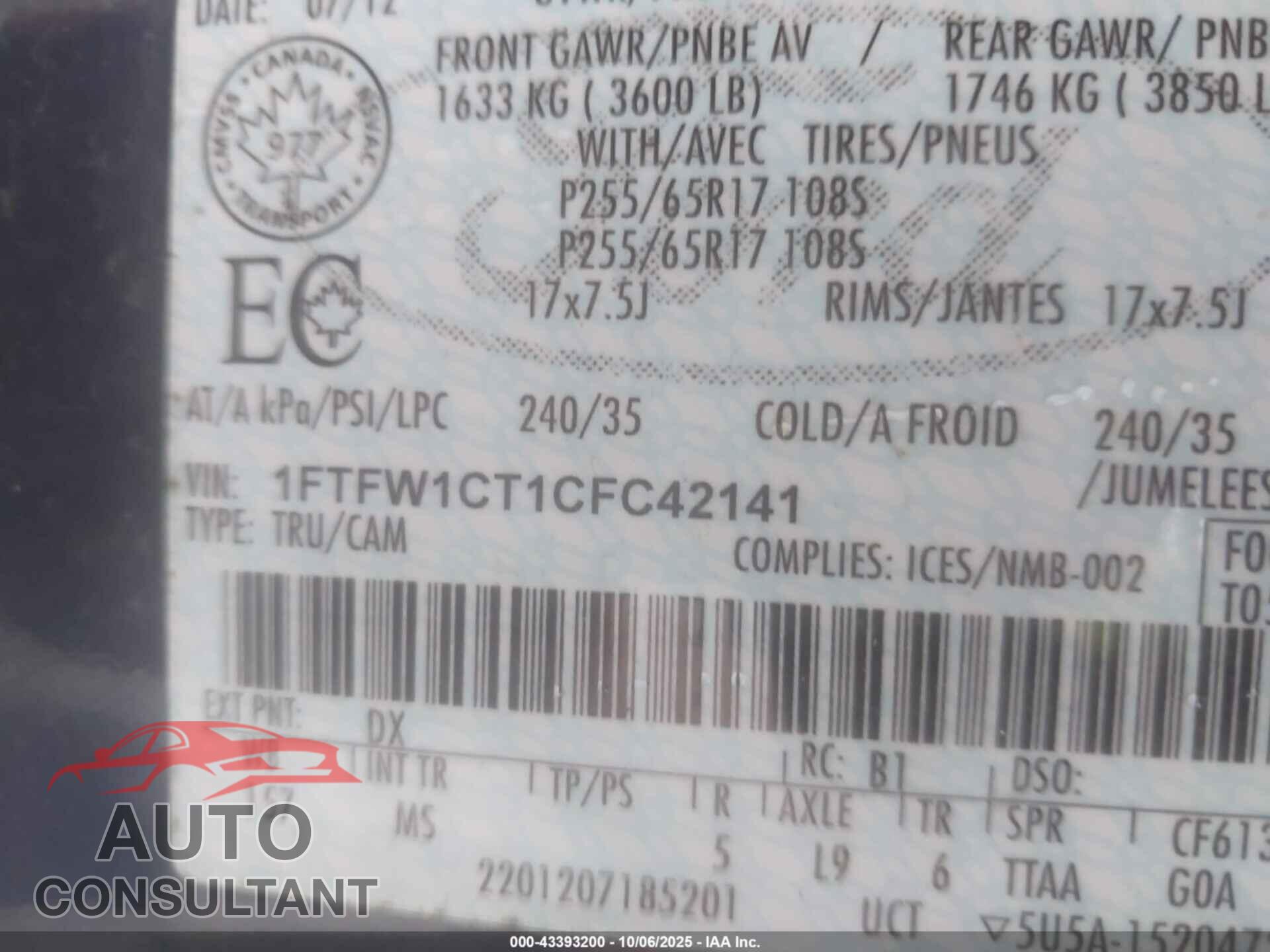 FORD F-150 2012 - 1FTFW1CT1CFC42141