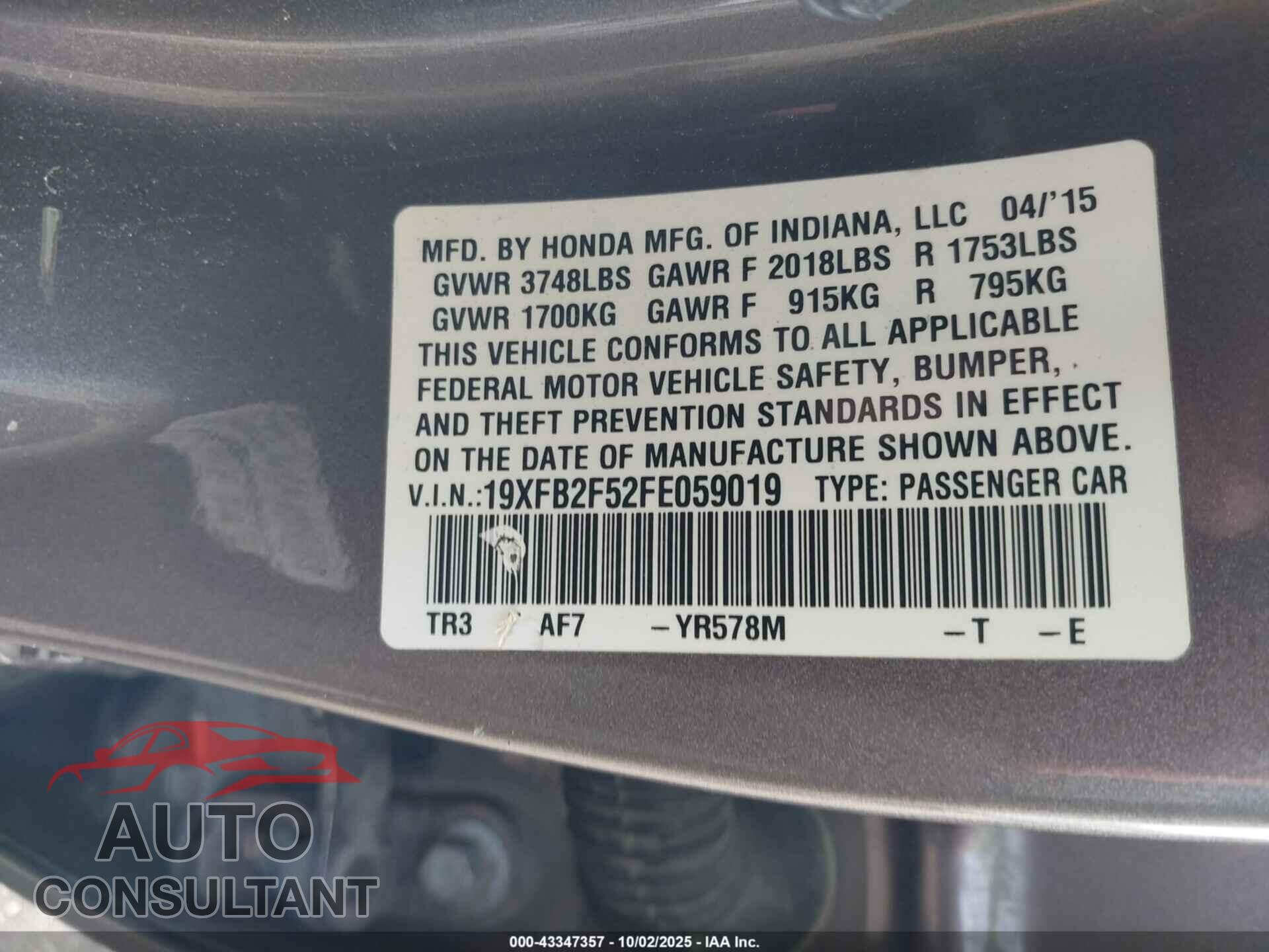 HONDA CIVIC 2015 - 19XFB2F52FE059019