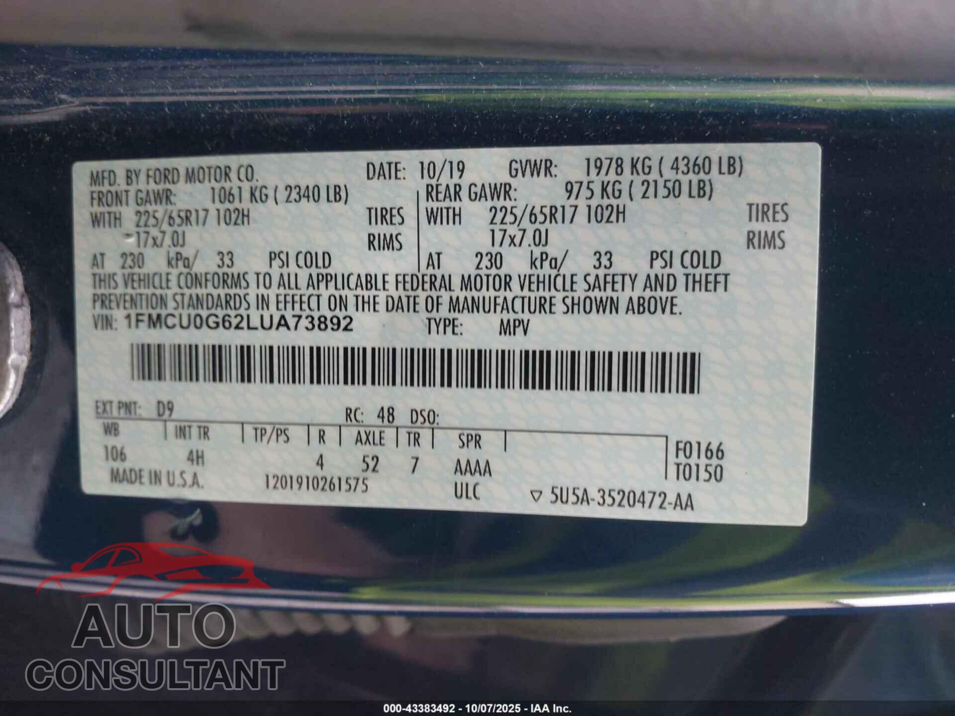 FORD ESCAPE 2020 - 1FMCU0G62LUA73892