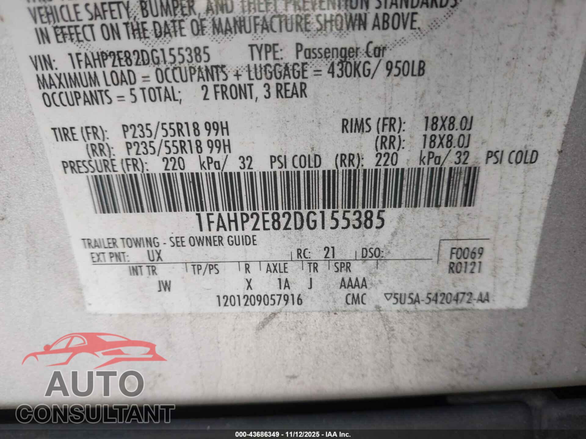 FORD TAURUS 2013 - 1FAHP2E82DG155385