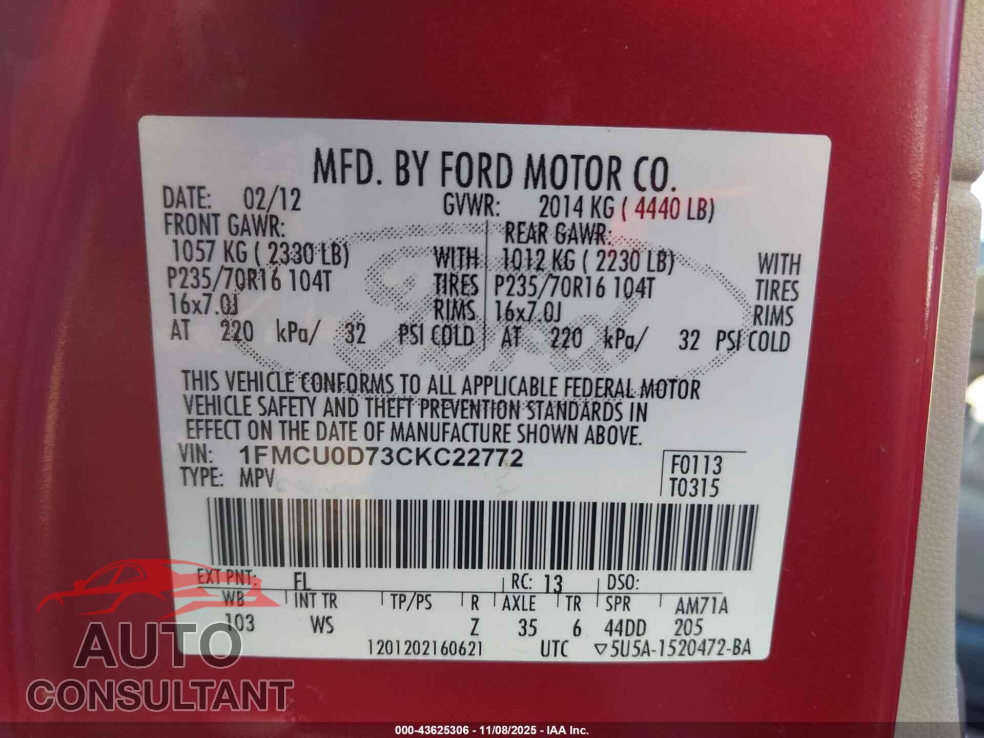 FORD ESCAPE 2012 - 1FMCU0D73CKC22772