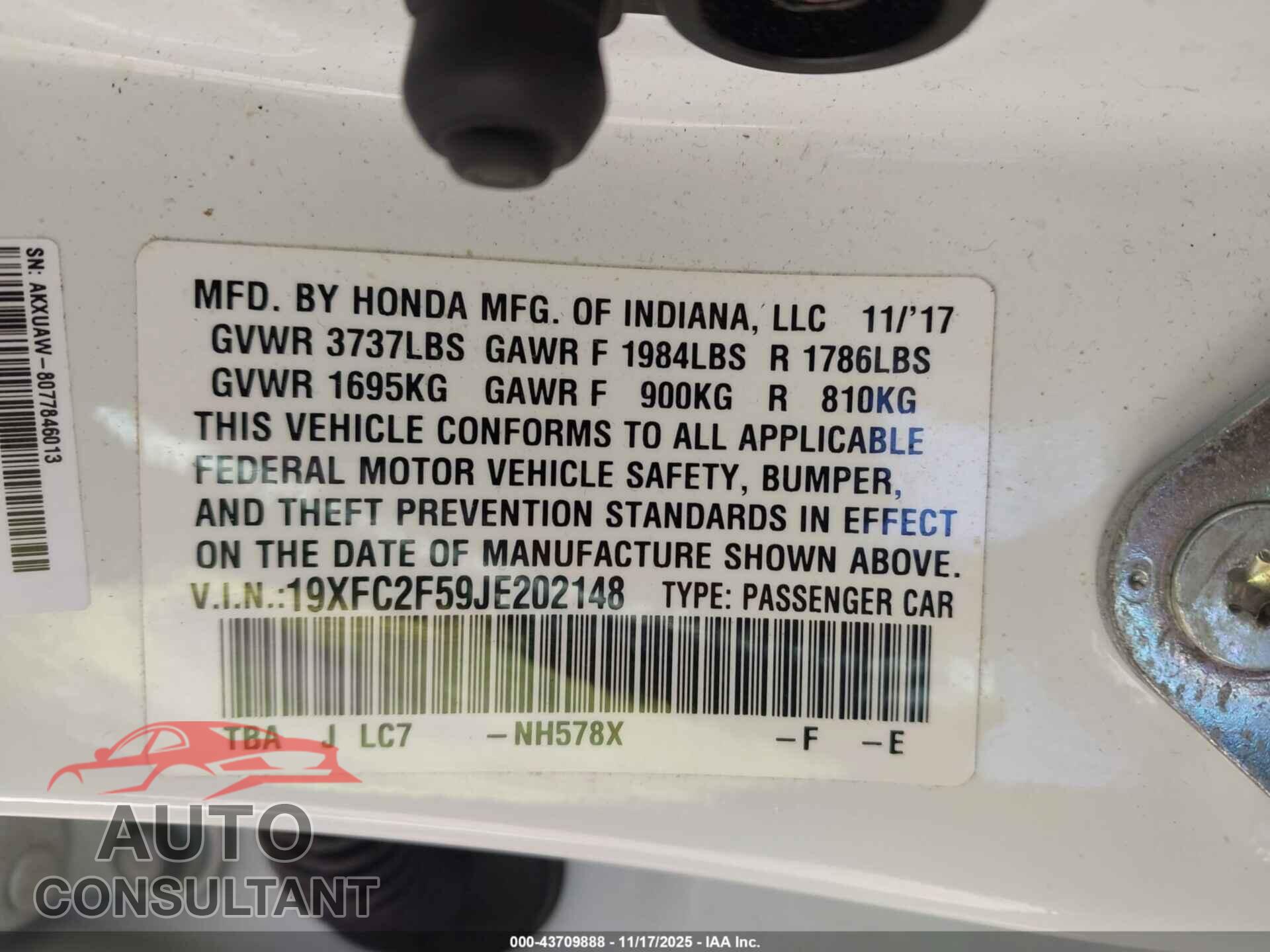 HONDA CIVIC 2018 - 19XFC2F59JE202148