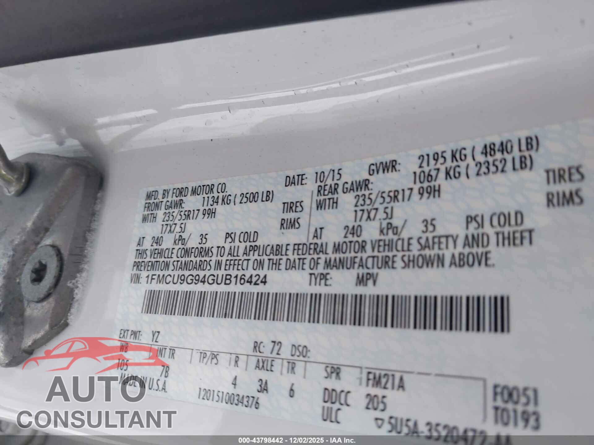 FORD ESCAPE 2016 - 1FMCU9G94GUB16424