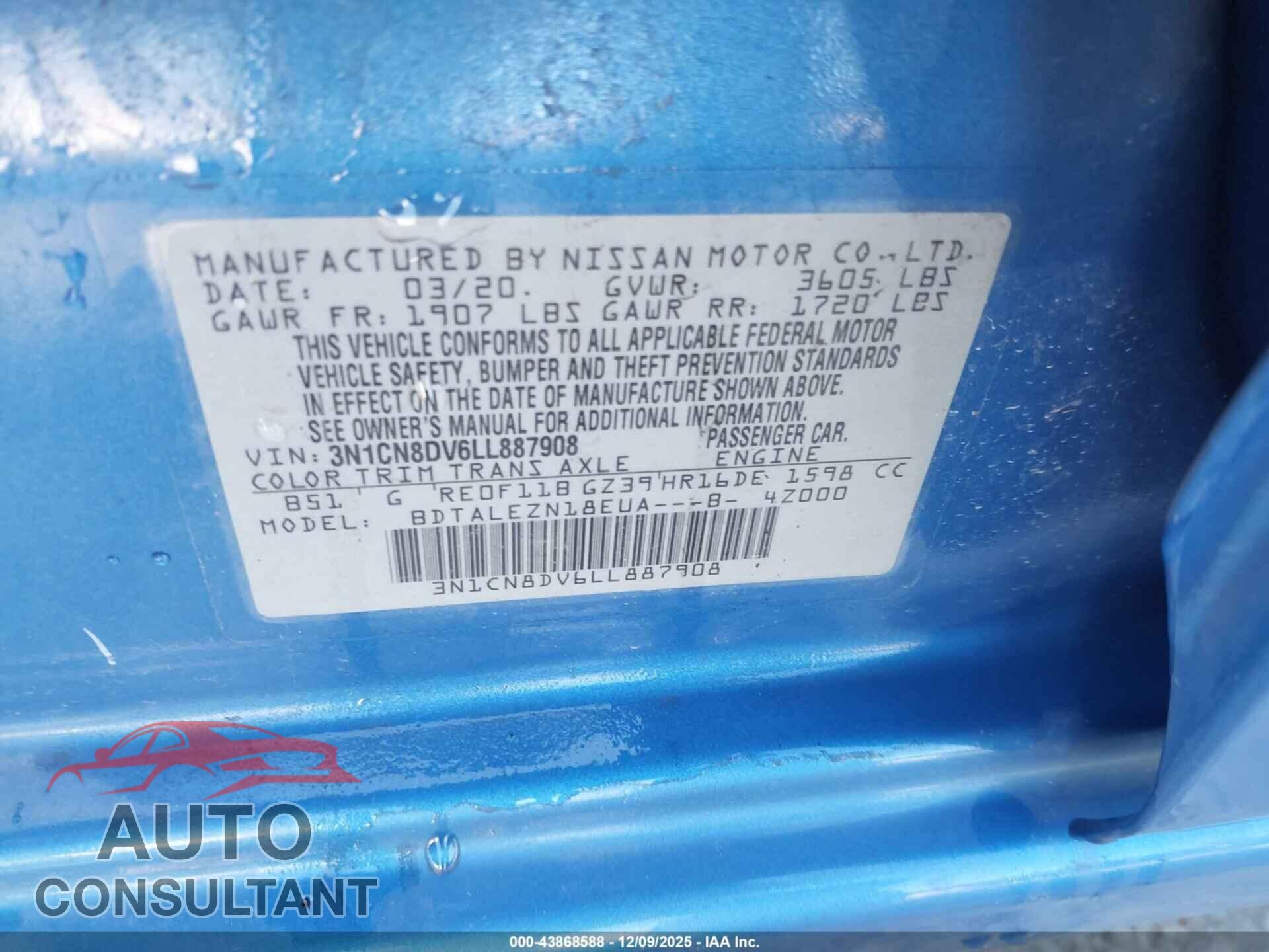 NISSAN VERSA 2020 - 3N1CN8DV6LL887908