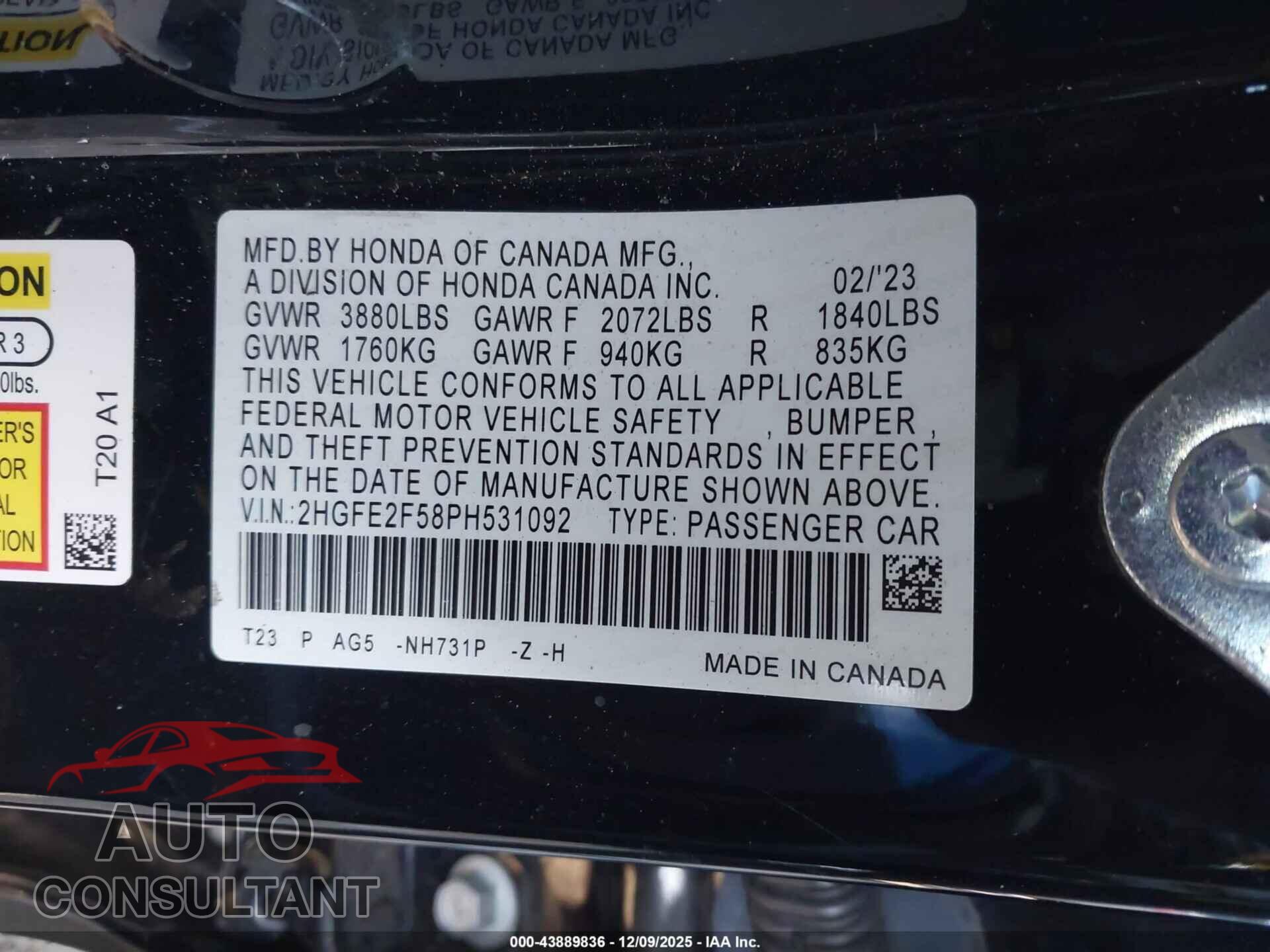 HONDA CIVIC 2023 - 2HGFE2F58PH531092