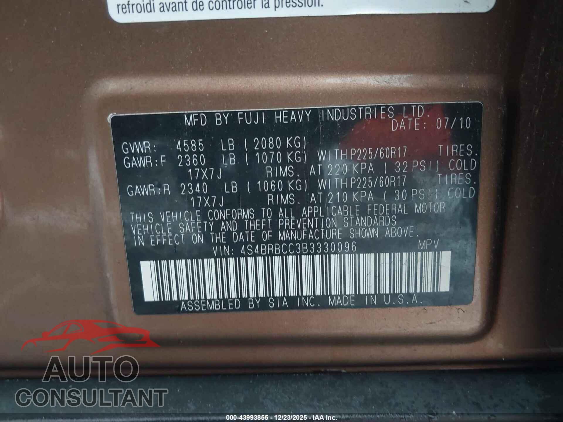 SUBARU OUTBACK 2011 - 4S4BRBCC3B3330096
