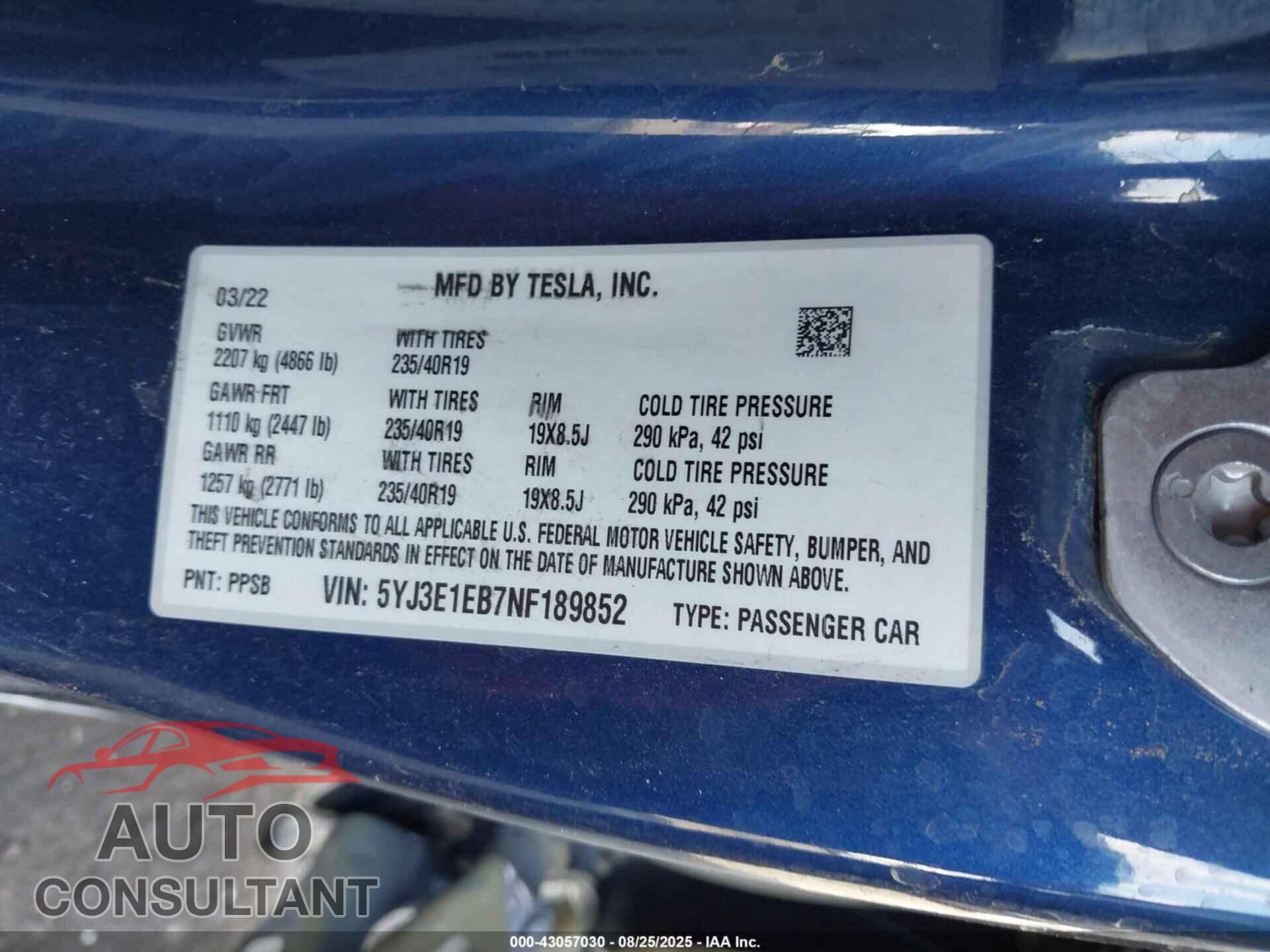 TESLA MODEL 3 2022 - 5YJ3E1EB7NF189852