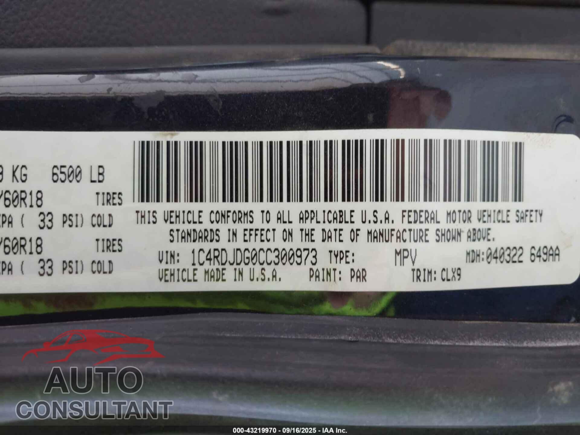 DODGE DURANGO 2012 - 1C4RDJDG0CC300973