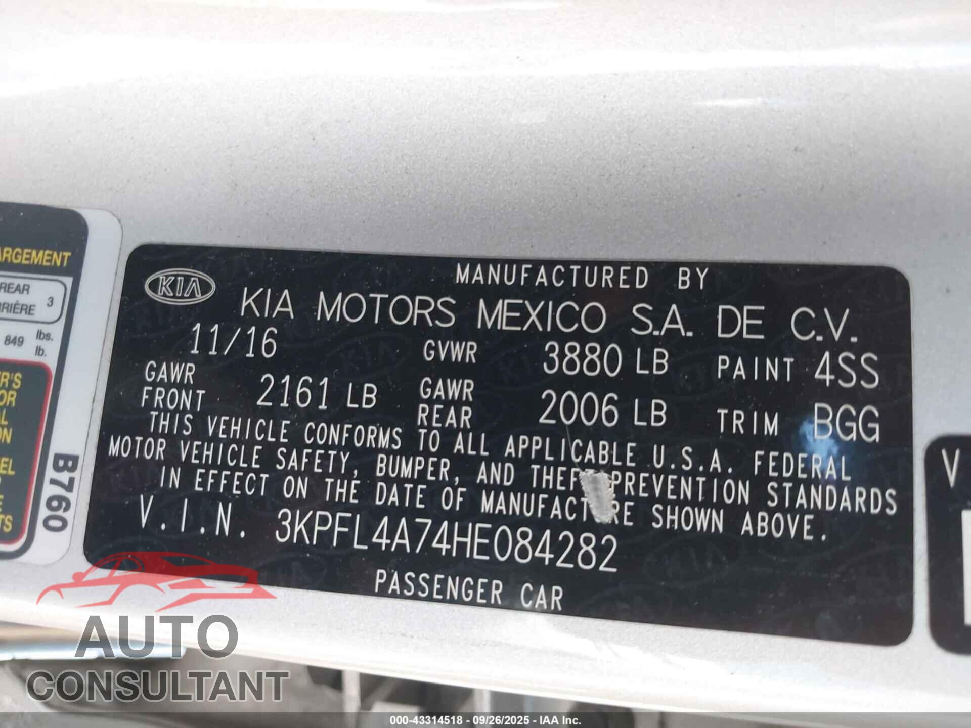 KIA FORTE 2017 - 3KPFL4A74HE084282