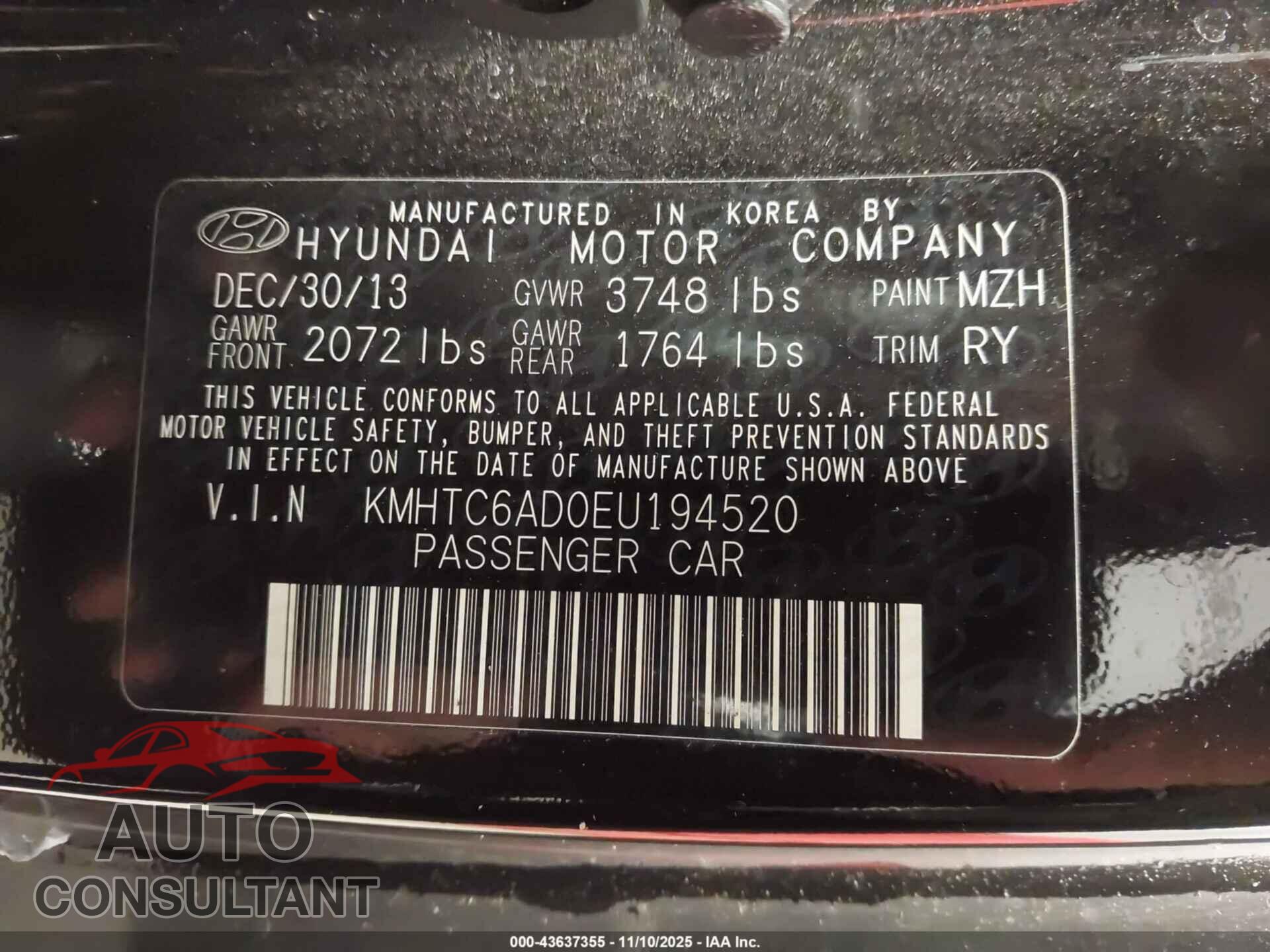HYUNDAI VELOSTER 2014 - KMHTC6AD0EU194520