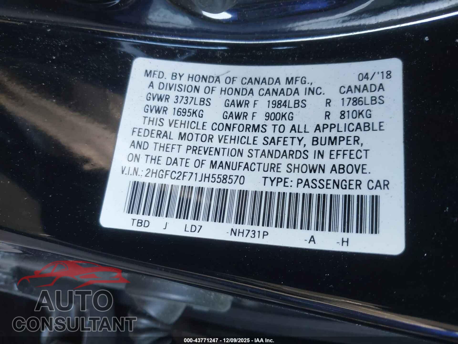 HONDA CIVIC 2018 - 2HGFC2F71JH558570