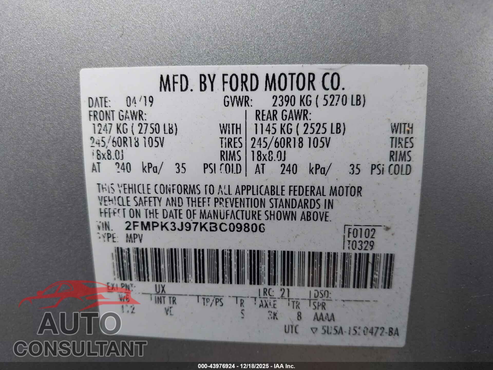 FORD EDGE 2019 - 2FMPK3J97KBC09806