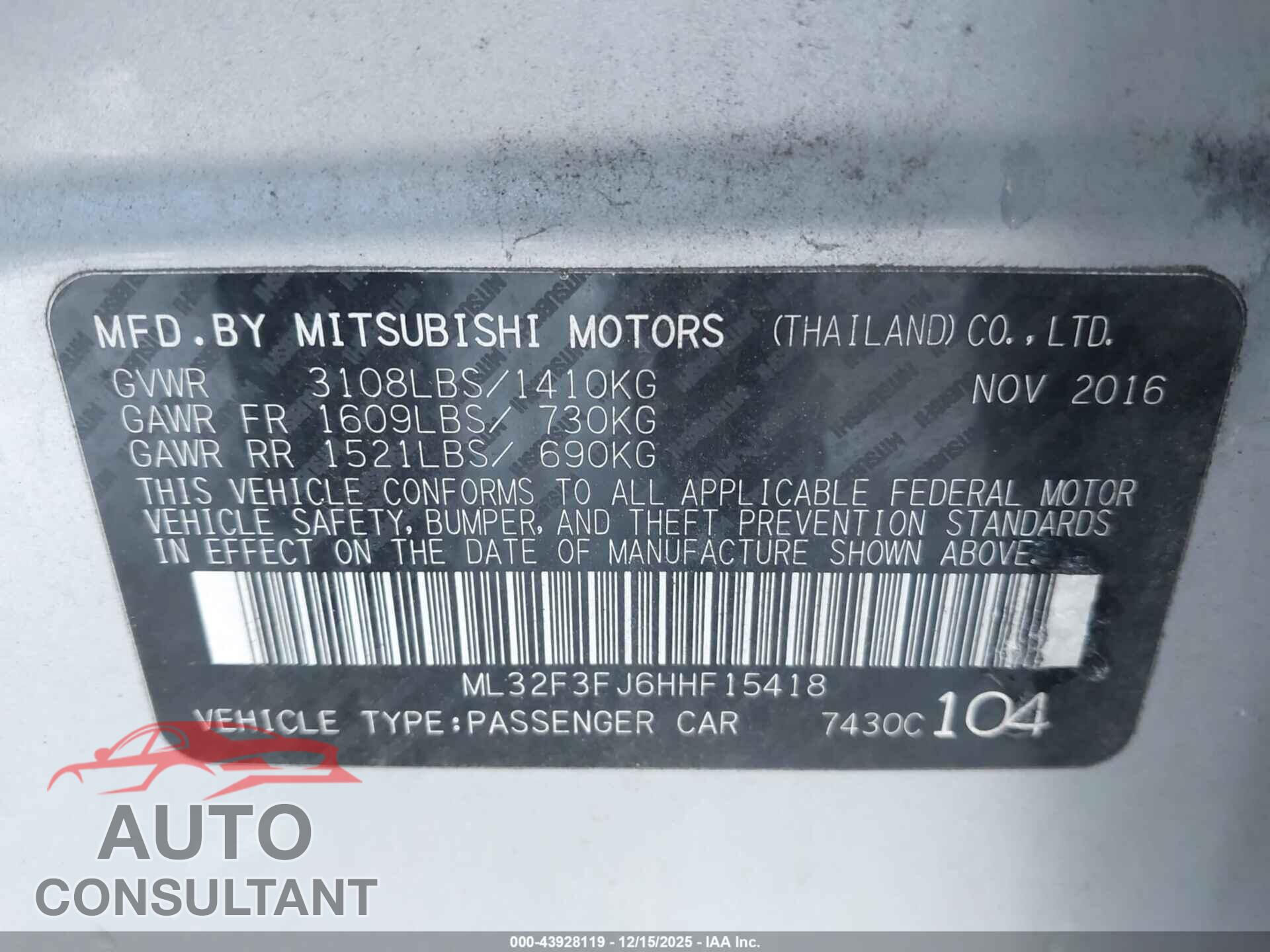 MITSUBISHI MIRAGE G4 2017 - ML32F3FJ6HHF15418