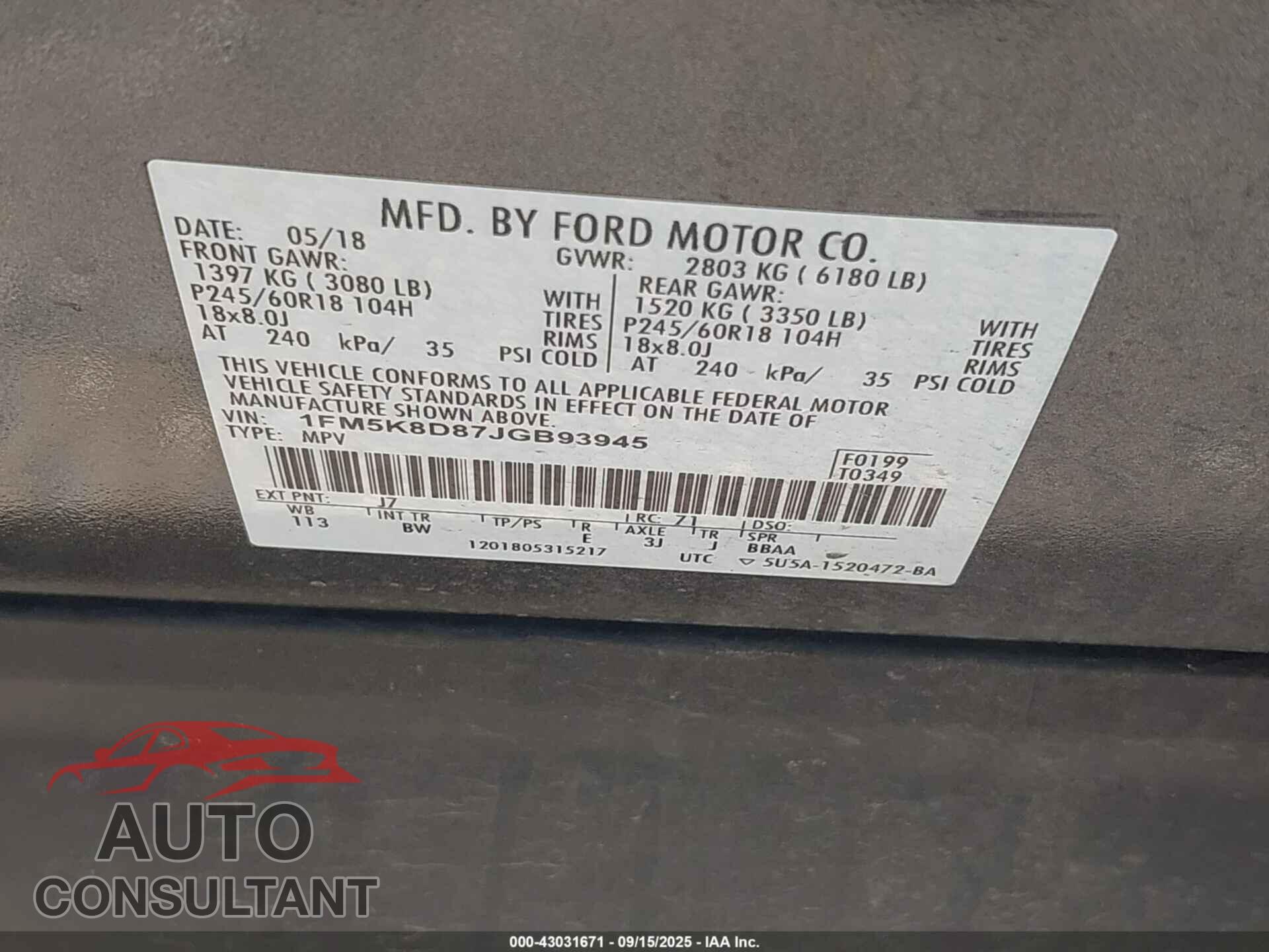 FORD EXPLORER 2018 - 1FM5K8D87JGB93945
