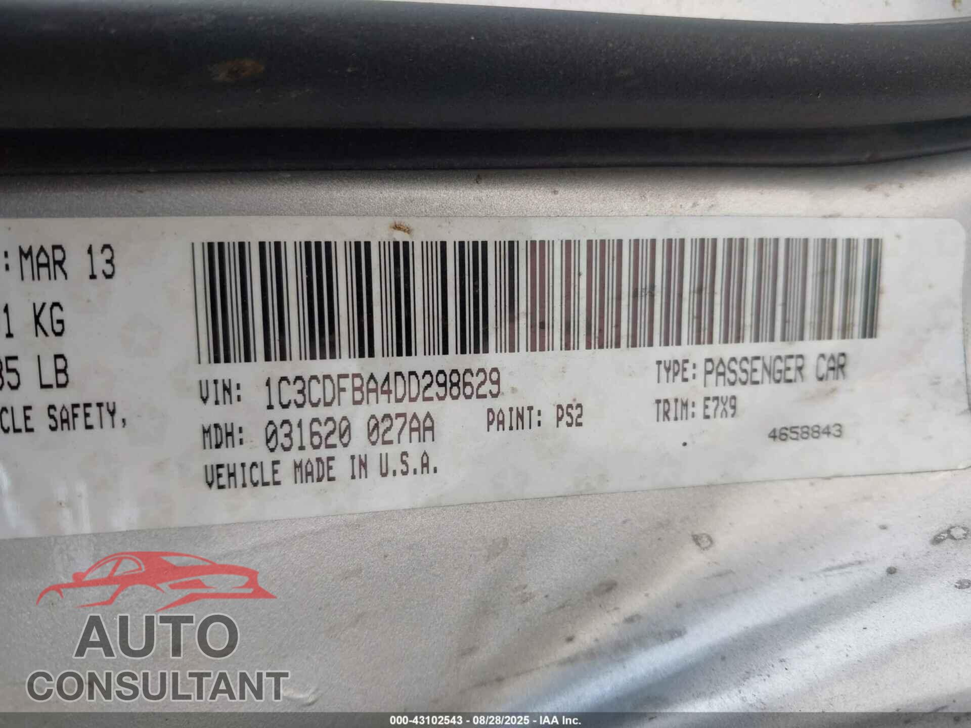 DODGE DART 2013 - 1C3CDFBA4DD298629