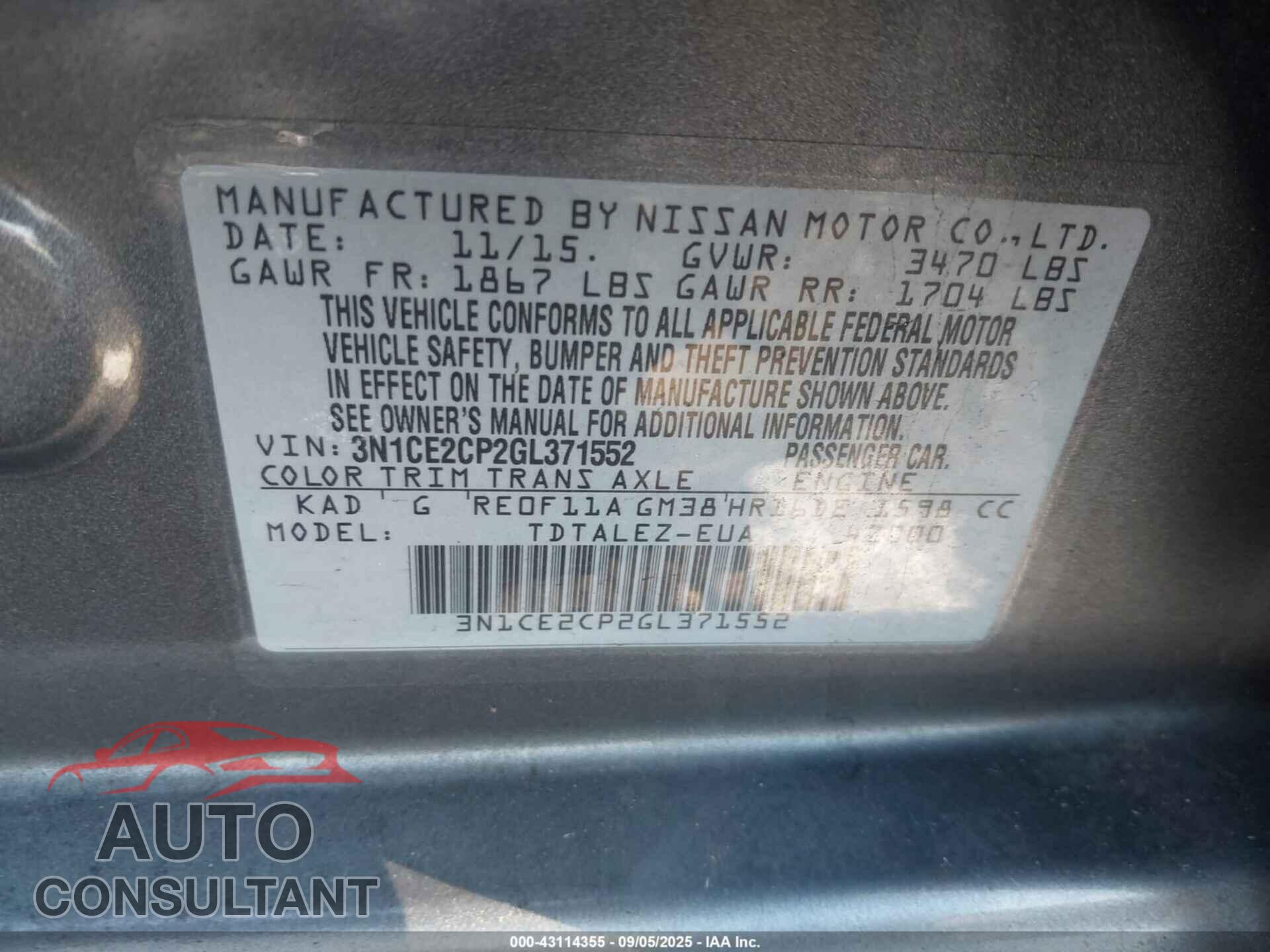 NISSAN VERSA NOTE 2016 - 3N1CE2CP2GL371552