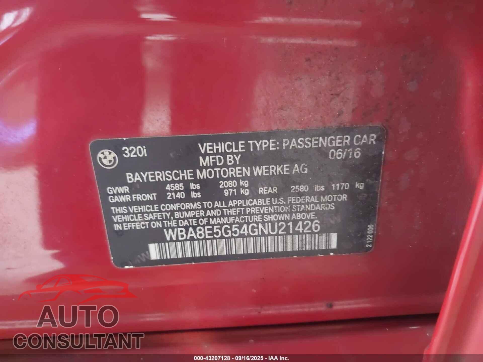 BMW 320I 2016 - WBA8E5G54GNU21426