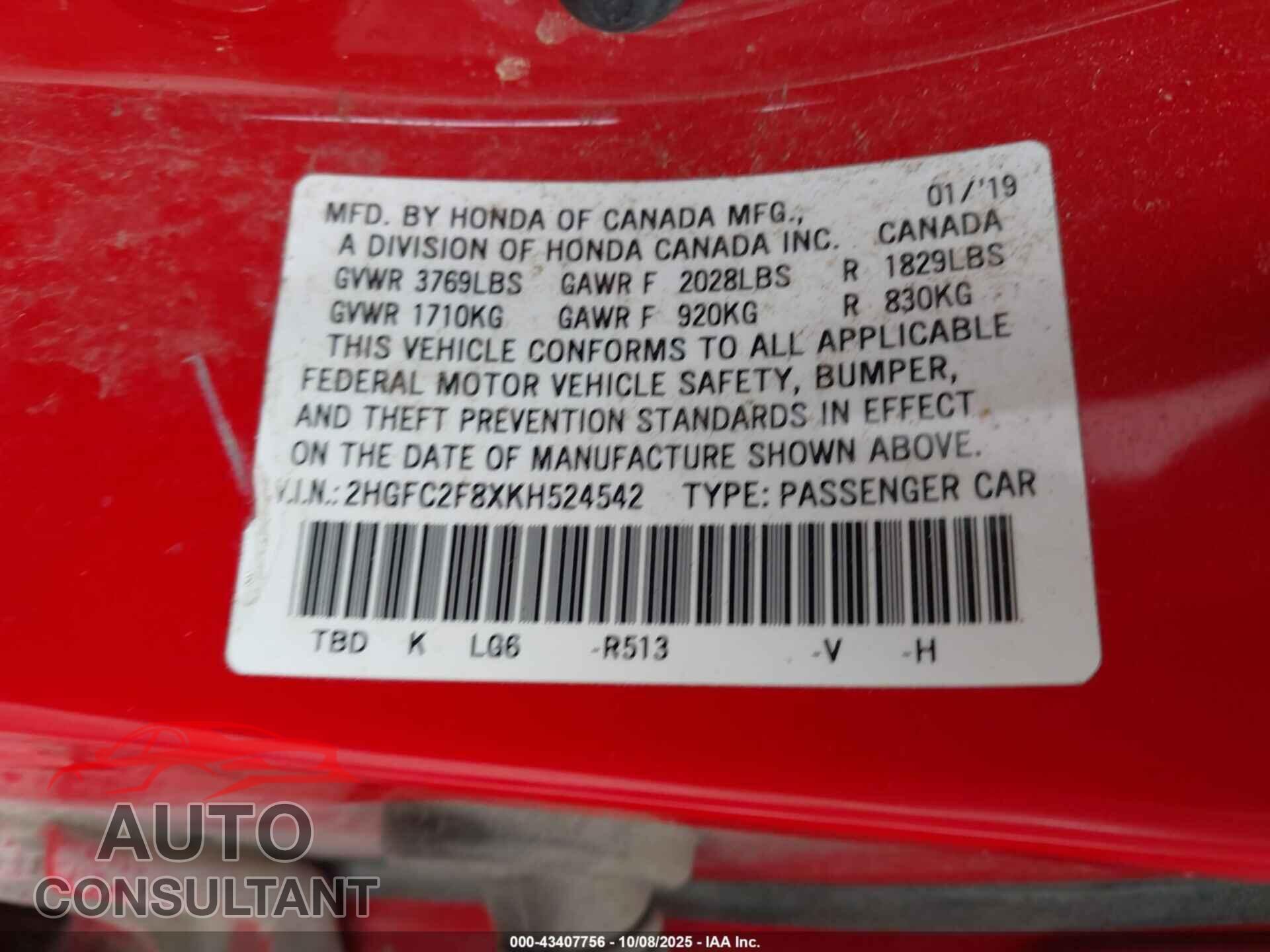 HONDA CIVIC 2019 - 2HGFC2F8XKH524542