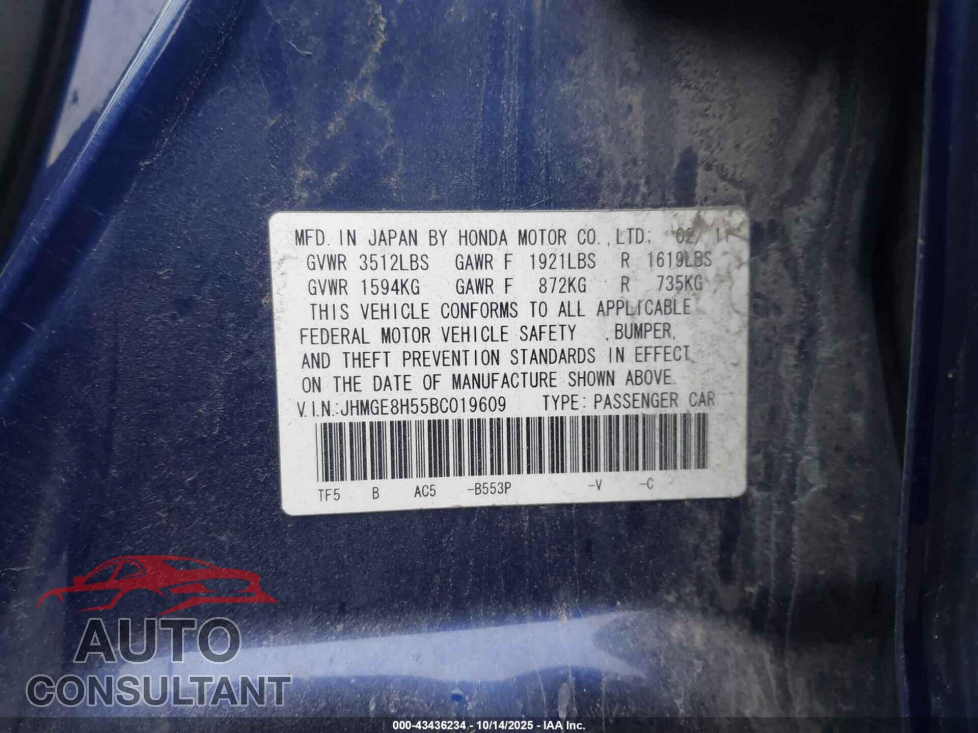HONDA FIT 2011 - JHMGE8H55BC019609